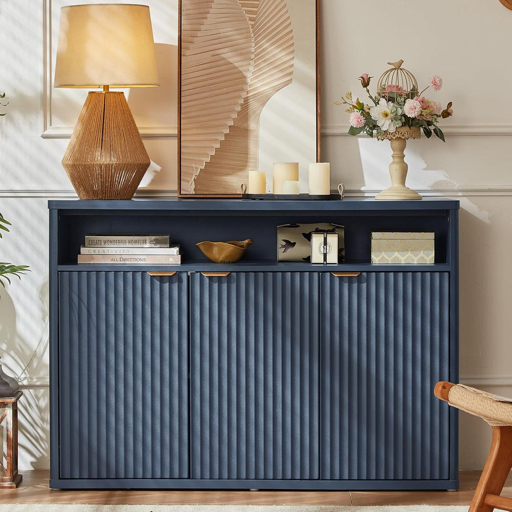 LEYAOYAO 45-Inch Fluted Buffet Cabinet with 3 Doors,Dark Blue