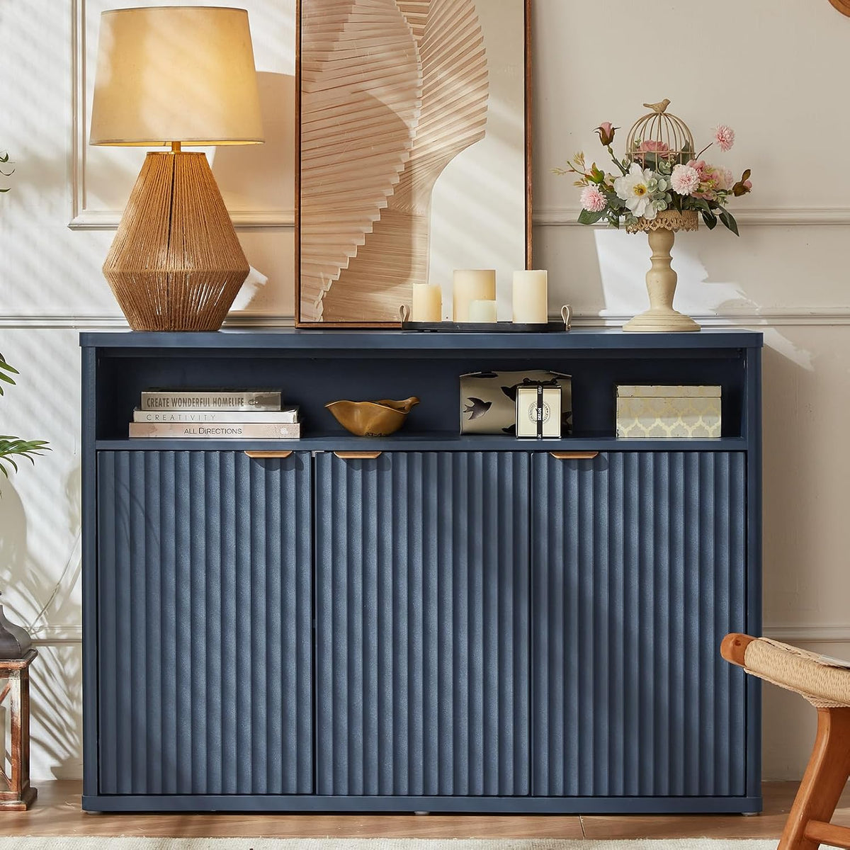 LEYAOYAO 45-Inch Fluted Buffet Cabinet with 3 Doors,Dark Blue