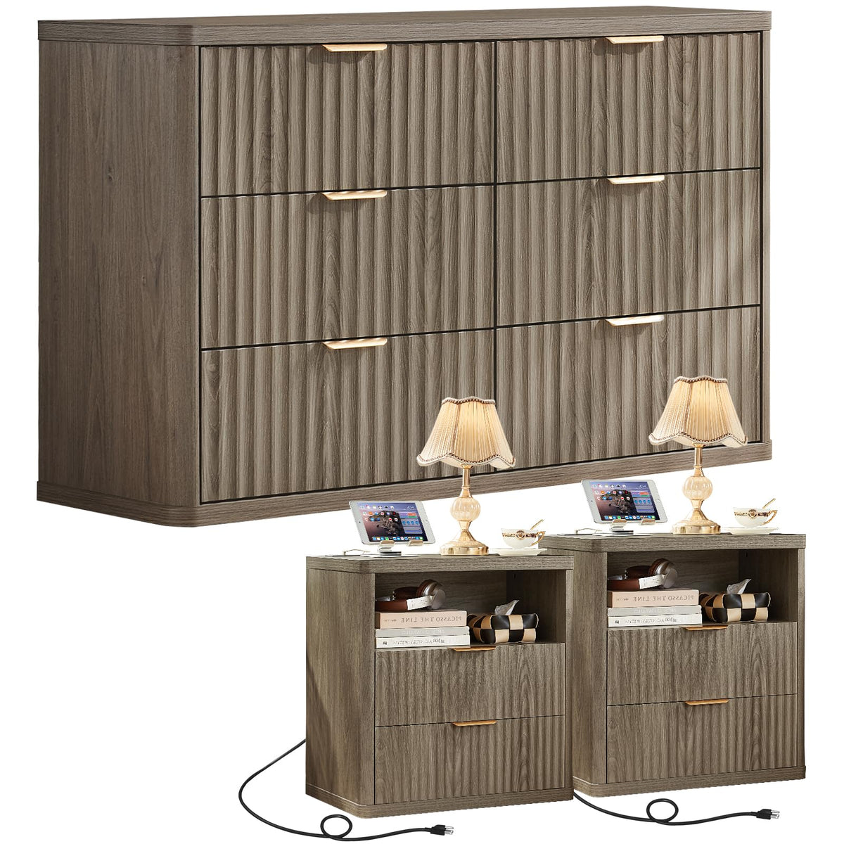 LEYAOYAO Fluted Dressers & Nightstand Set of 4, Wood 48" Wide Dresser & 42" Tall Chest of Drawers,Modern Bedroom Furniture Sets, Black Wooden Nightstand Set of 2 with 2 Drawers & Charging Station
