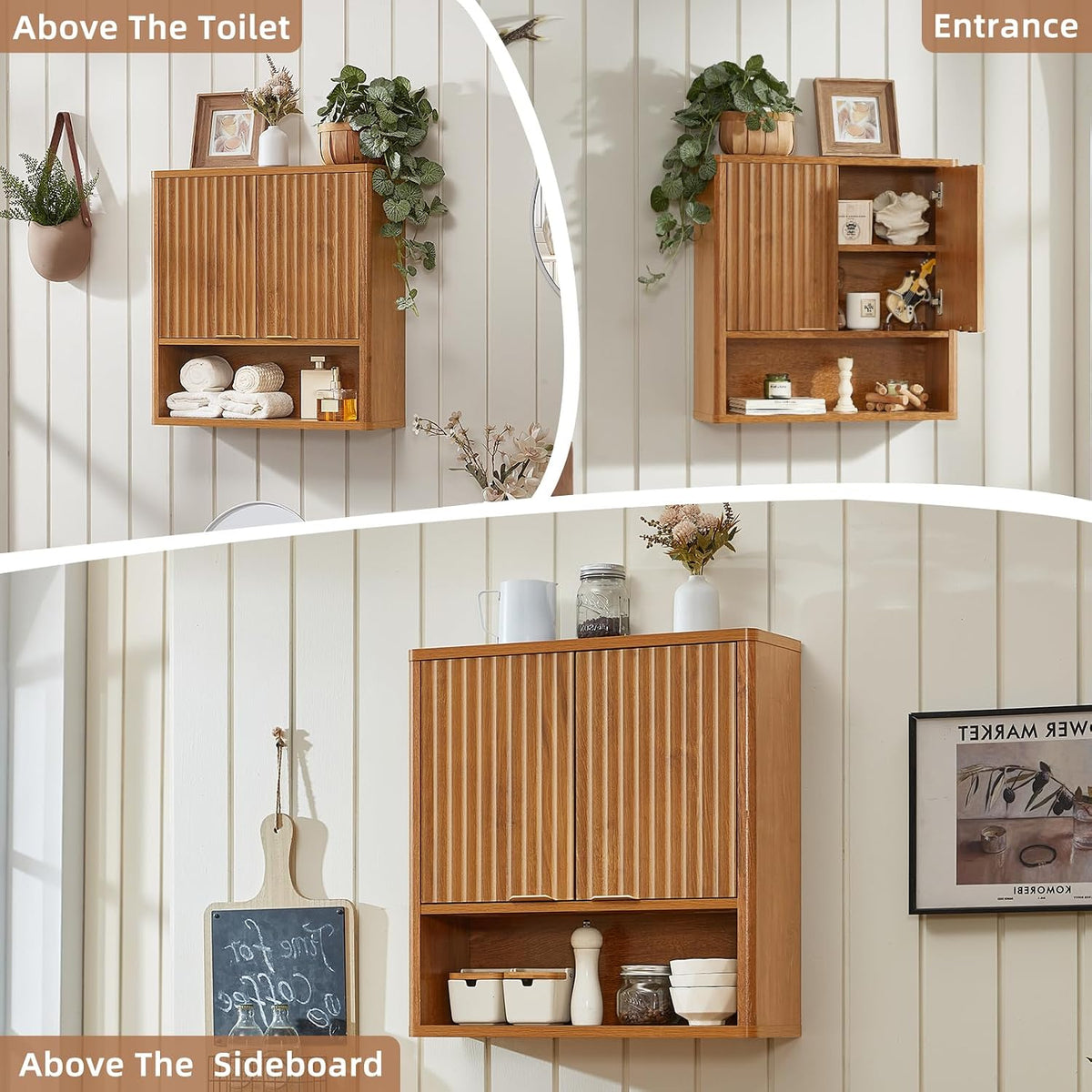 LEYAOYAO Fluted Bathroom Wall Cabinet, Wall-Mounted Medicine Cabinet w/Adjustable Shelf & Doors, Farmhouse Floating Over The Toilet Storage Cabinets for Laundry Room, Kitchen, Living Room (Tea Brown)