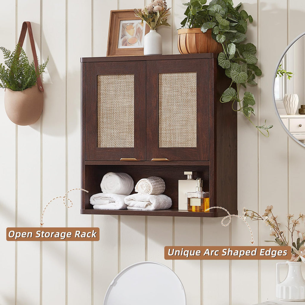 LEYAOYAO 68" Boho Over the Toilet Storage Cabinet with Rattan Sliding Door
