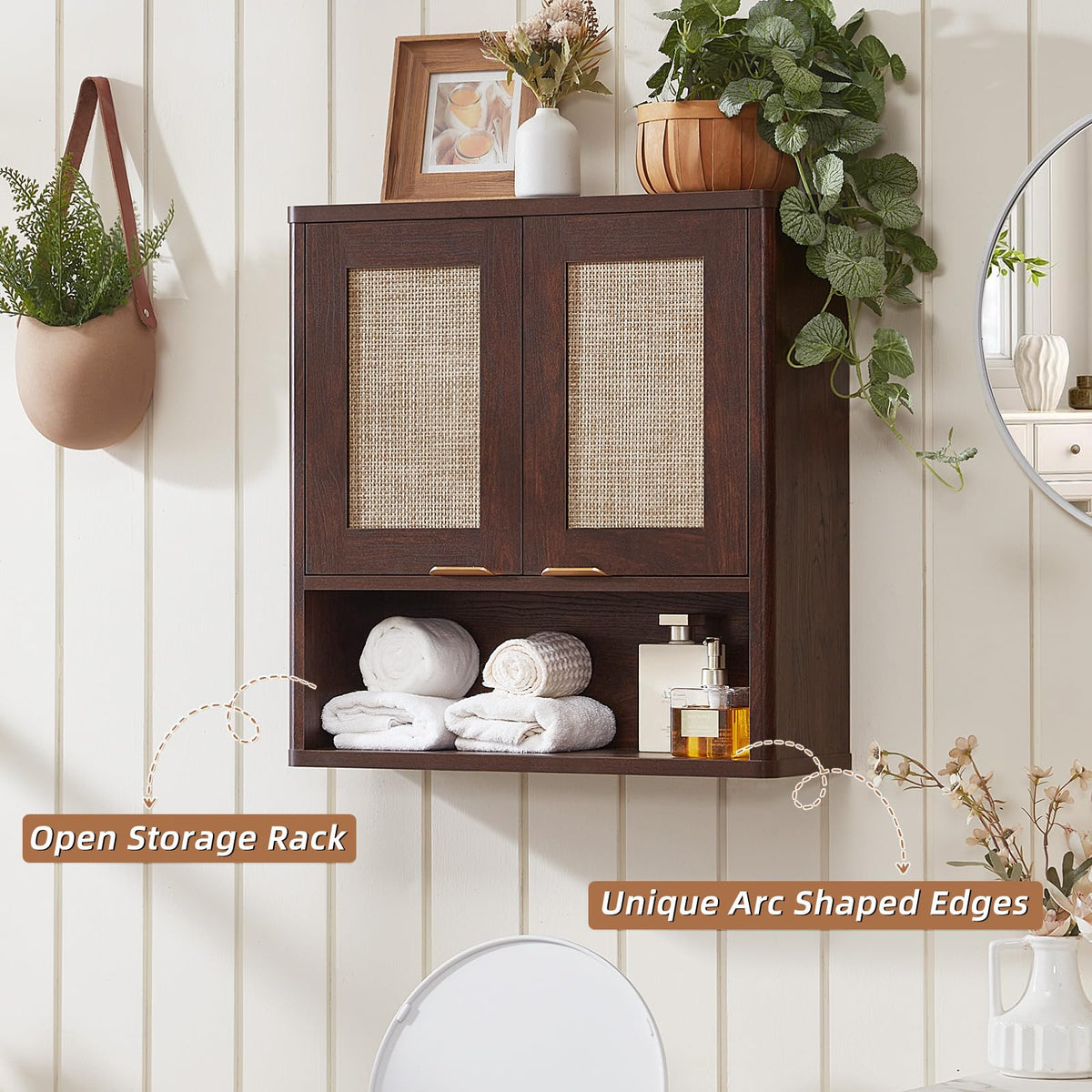 LEYAOYAO 68" Boho Over the Toilet Storage Cabinet with Rattan Sliding Door