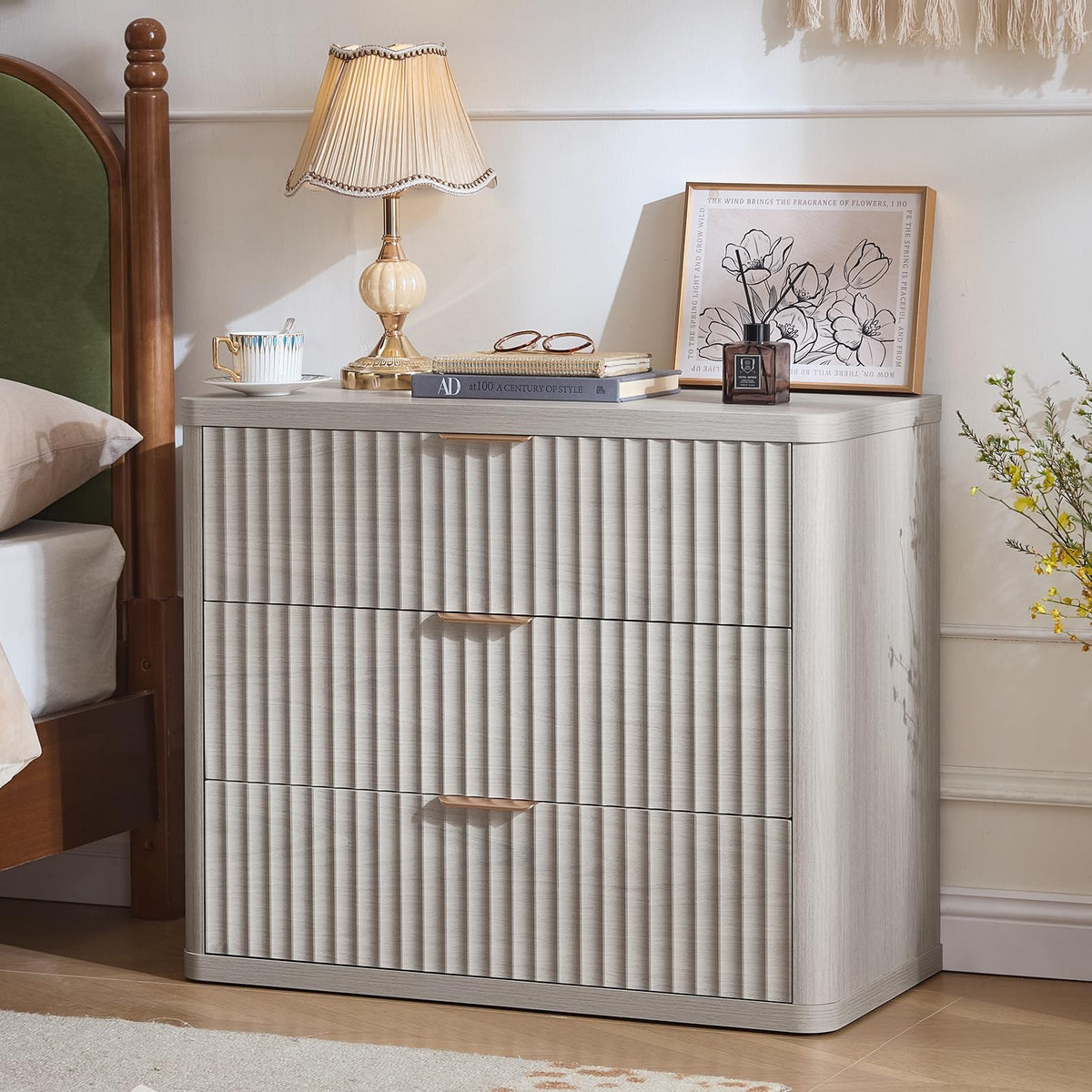 LEYAOYAO 31.5" Wide Fluted Nightstand, Oversized Night Stand, Antique White