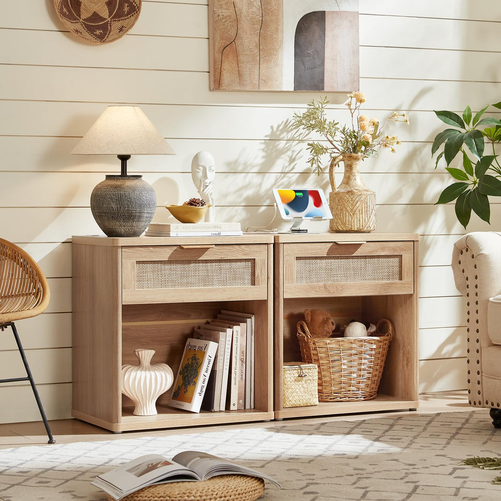 Lerliuo Rattan NightStand with Charger Station, 23" Wide Boho Bedside Table with Drawers, Natural Wood Night Stand Open Storage Cabinet, Bed Side End Table Dresser for Living Room, Hallway, Bedroom