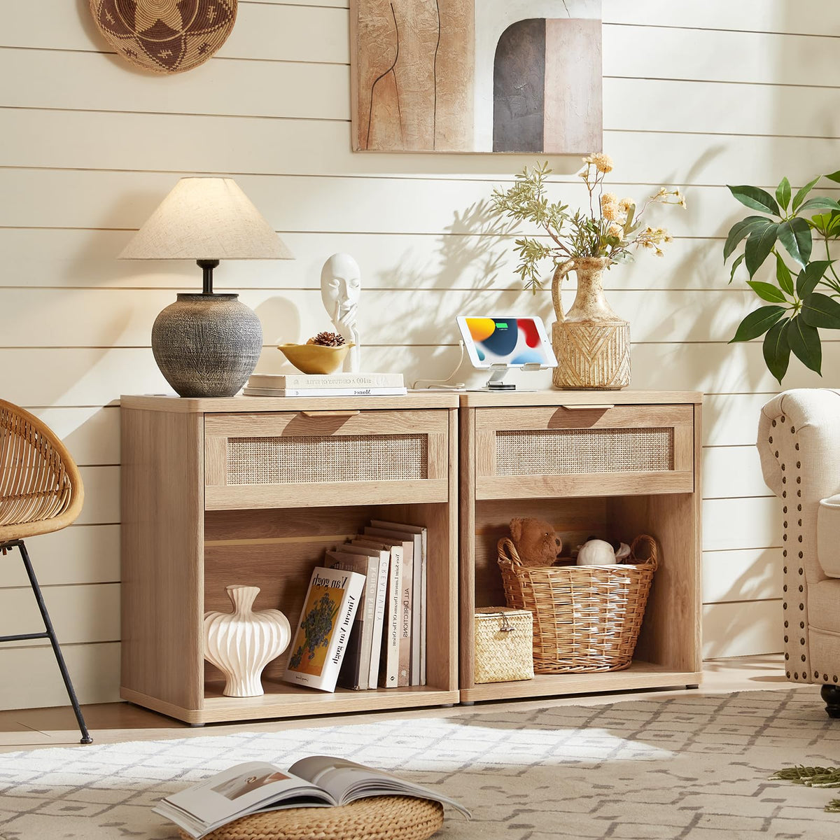 Lerliuo Rattan NightStand with Charger Station, 23" Wide Boho Bedside Table with Drawers, Natural Wood Night Stand Open Storage Cabinet, Bed Side End Table Dresser for Living Room, Hallway, Bedroom