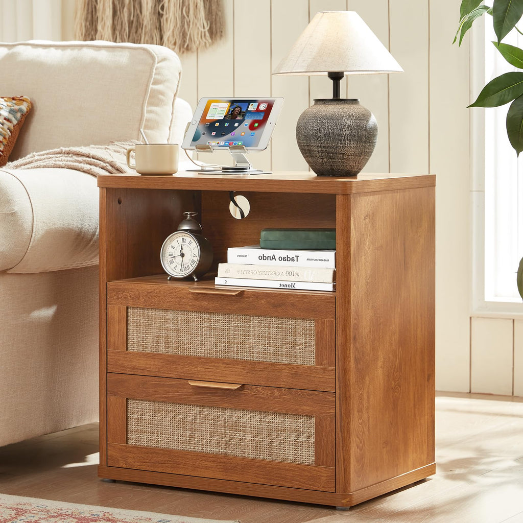 Lerliuo Rattan NightStand with Charger Station, 23" Wide Boho Bedside Table with Drawers, Natural Wood Night Stand Open Storage Cabinet, Bed Side End Table Dresser for Living Room, Hallway, Bedroom