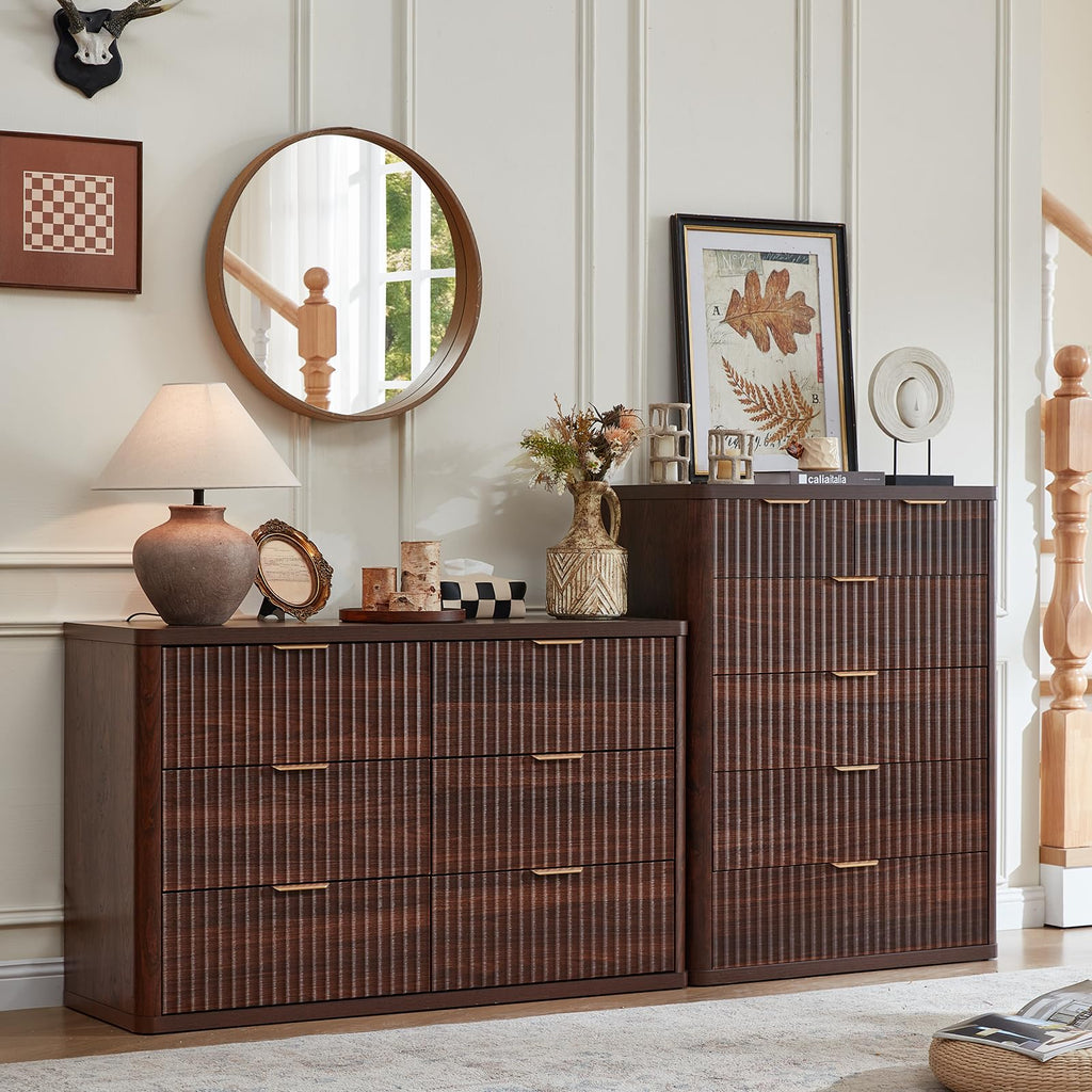 LEYAOYAO Fluted 6 Drawers Dresser for Bedroom Set of 2, 42" Tall Modern Chest of Drawer with Metal Handle, Curved Profile Design,Brown Wood Drawer Organizer for Bedroom, Living Room, Hallway