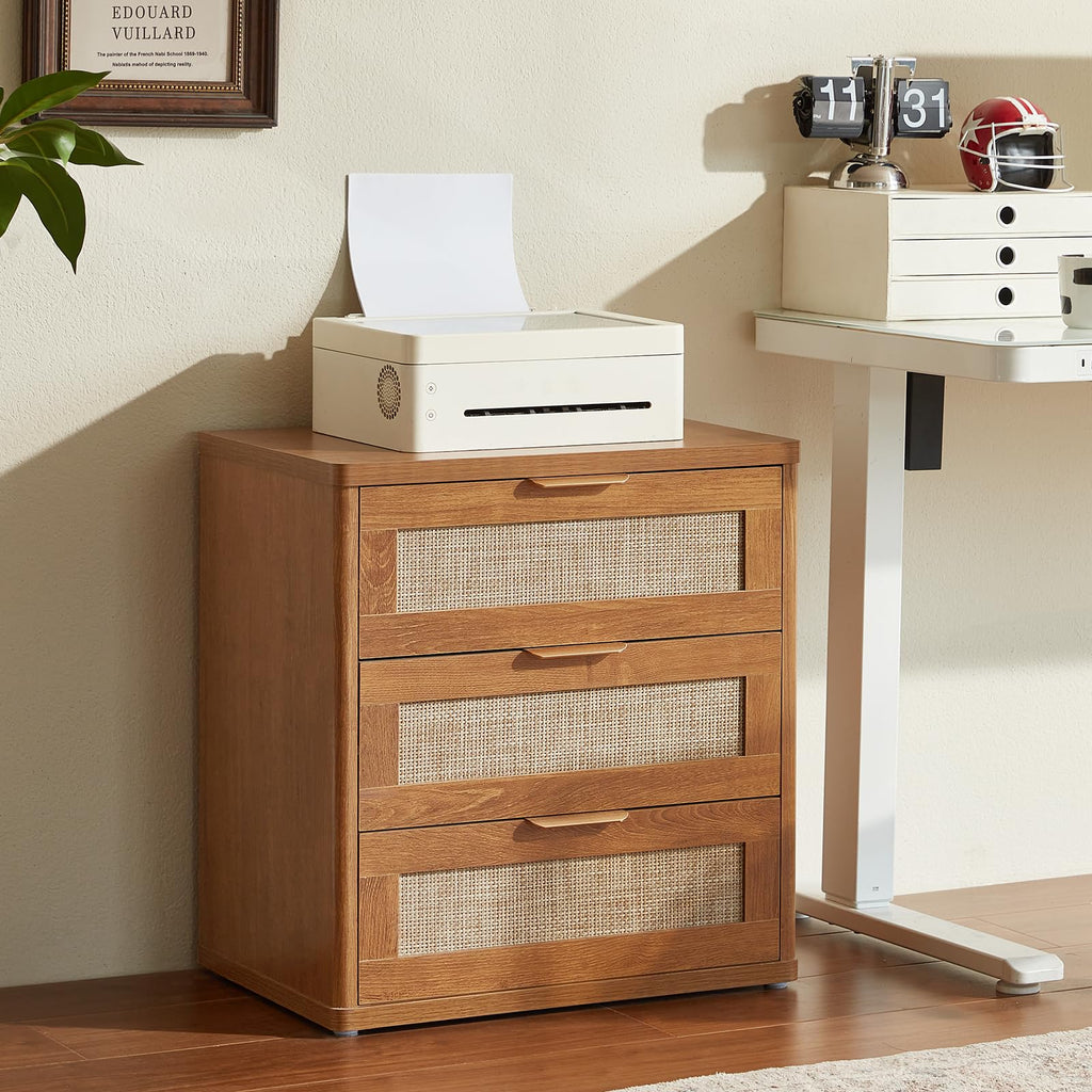 Lerliuo Rattan NightStand with Charger Station, 23" Wide Boho Bedside Table with Drawers, Natural Wood Night Stand Open Storage Cabinet, Bed Side End Table Dresser for Living Room, Hallway, Bedroom