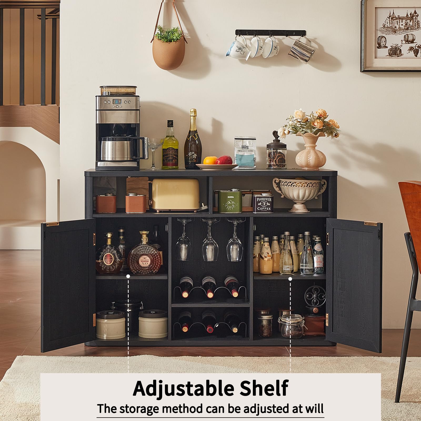 Lerliuo Rattan Wine Bar Cabinet with 2 Doors, Walnut