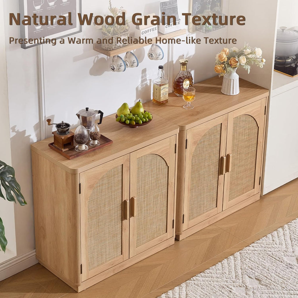 LEYAOYAO Rattan Sideboard Buffet Cabinet with Storage, 31.5" Coffee Bar Cabinet with Arch Doors & Adjustable Shelves, Wood Credenza, Boho Accent Cabinet for Kitchen, Living Room, Natural