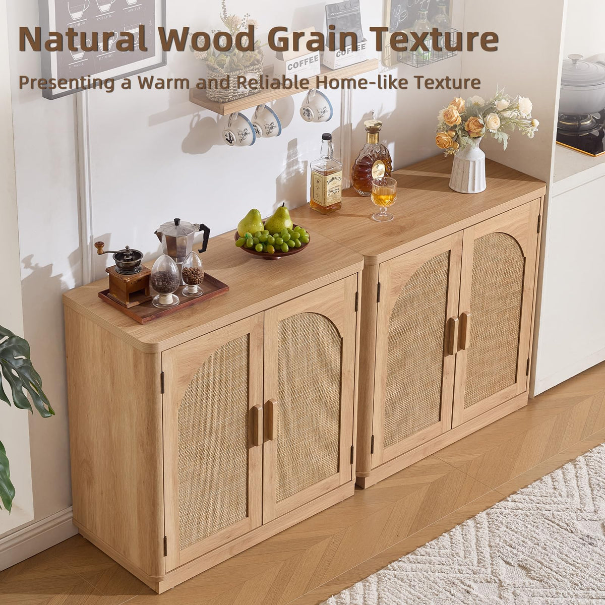 LEYAOYAO Rattan Sideboard Buffet Cabinet with Storage, 31.5" Coffee Bar Cabinet with Arch Doors & Adjustable Shelves, Wood Credenza, Boho Accent Cabinet for Kitchen, Living Room, Natural
