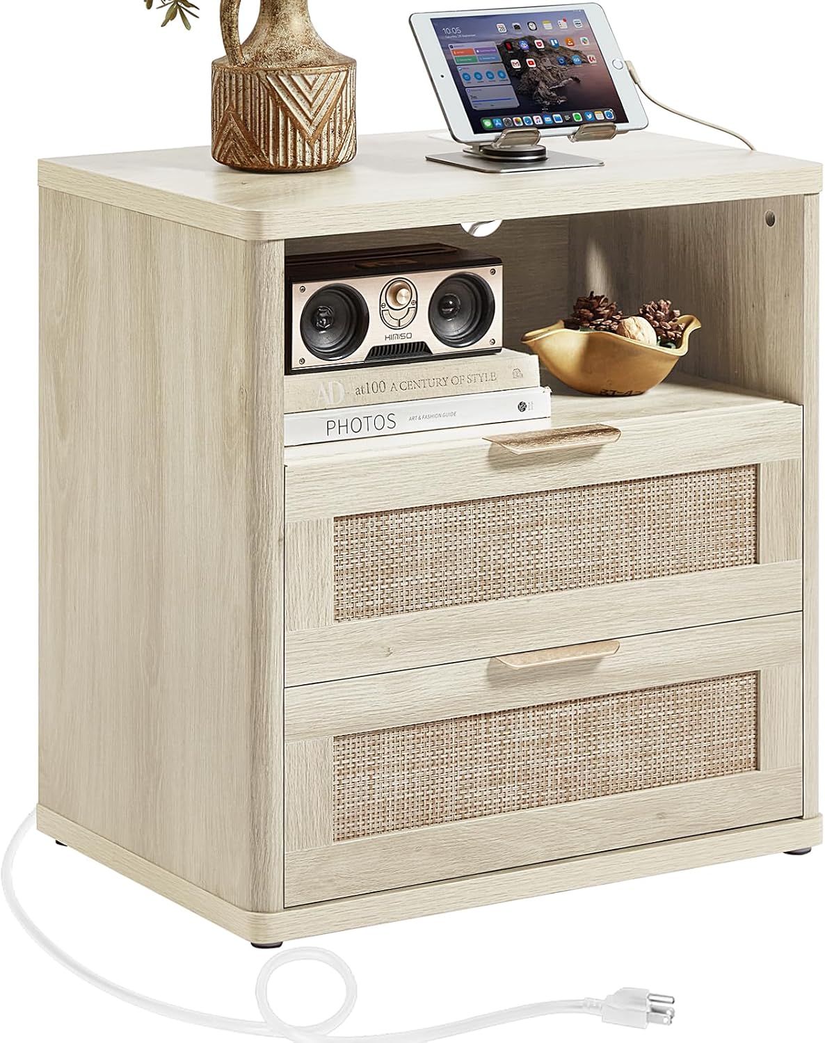 LEYAOYAO Rattan 23" Nightstands with Charger Station 2 Drawers