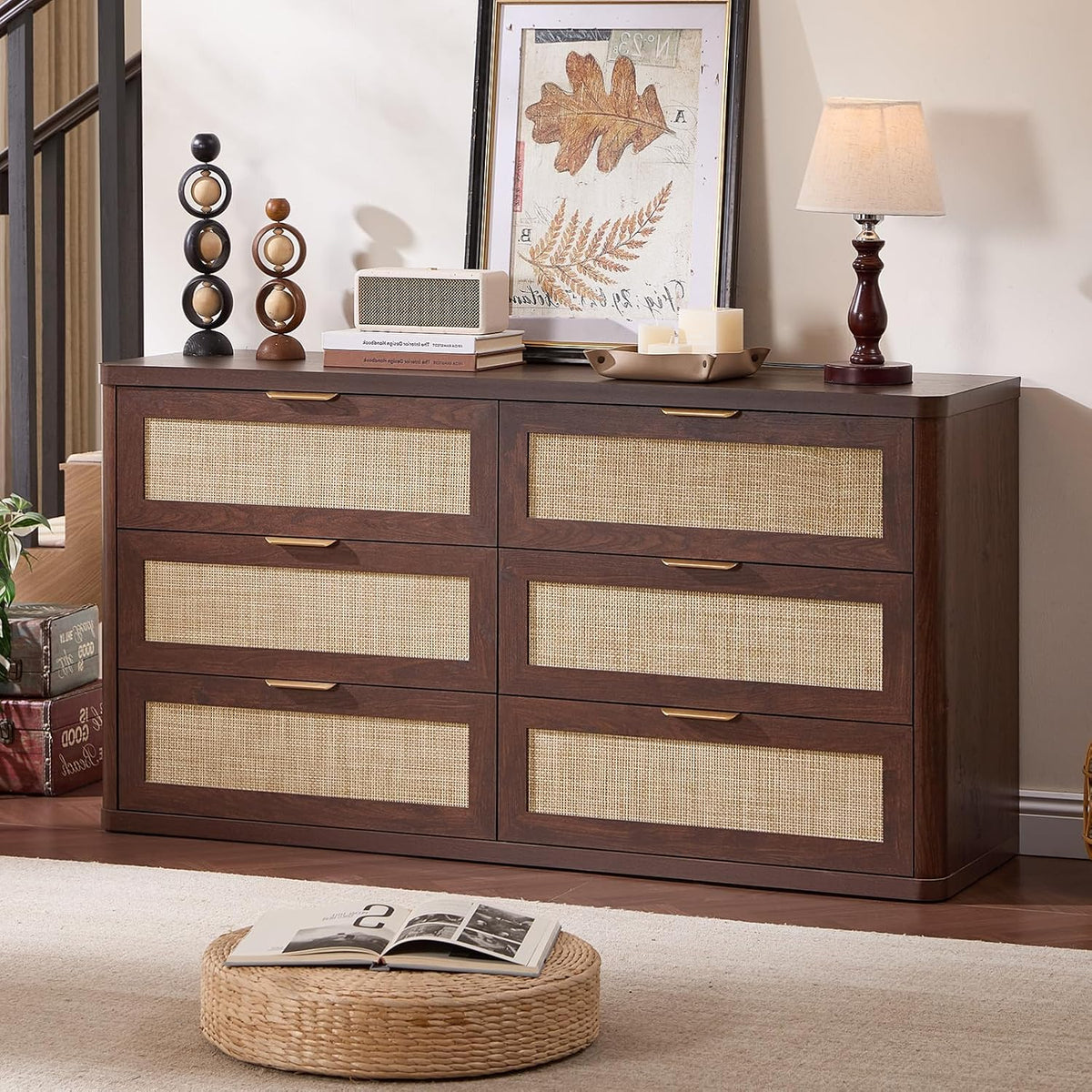 LEYAOYAO Rattan 54'' Wide Dresser for Bedroom, Walnut
