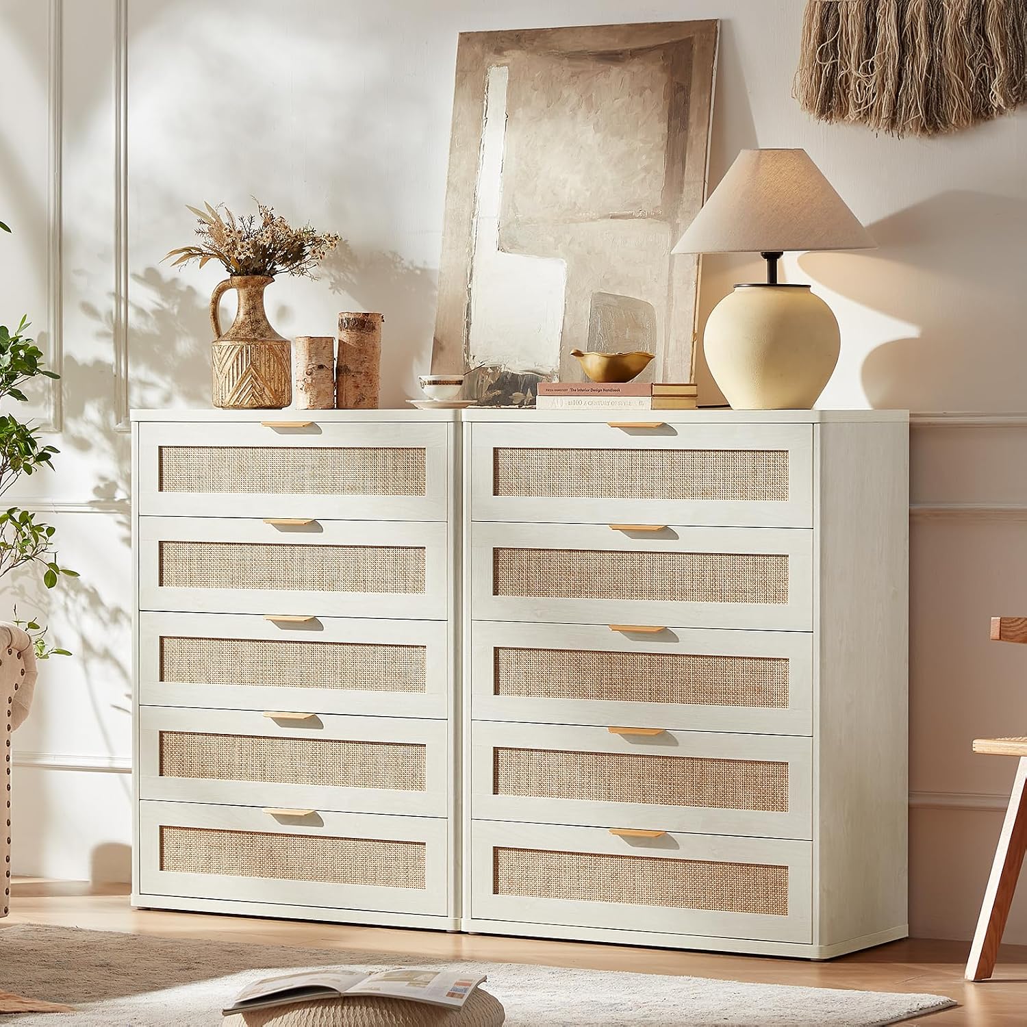 LEYAOYAO Rattan 23" Nightstands with Charger Station 2 Drawers