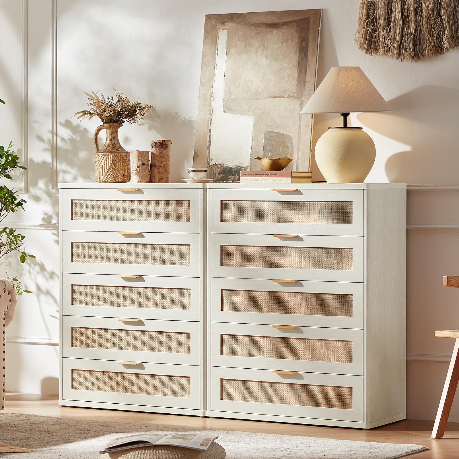 LEYAOYAO Rattan Dresser and Nightstand Set of 3, Boho Wood Dresser for Bedroom with 6 Drawers and Night Stand with Charging Station, Bedroom Furniture, Dressers & Chests of Drawers,Hallway,Living Room