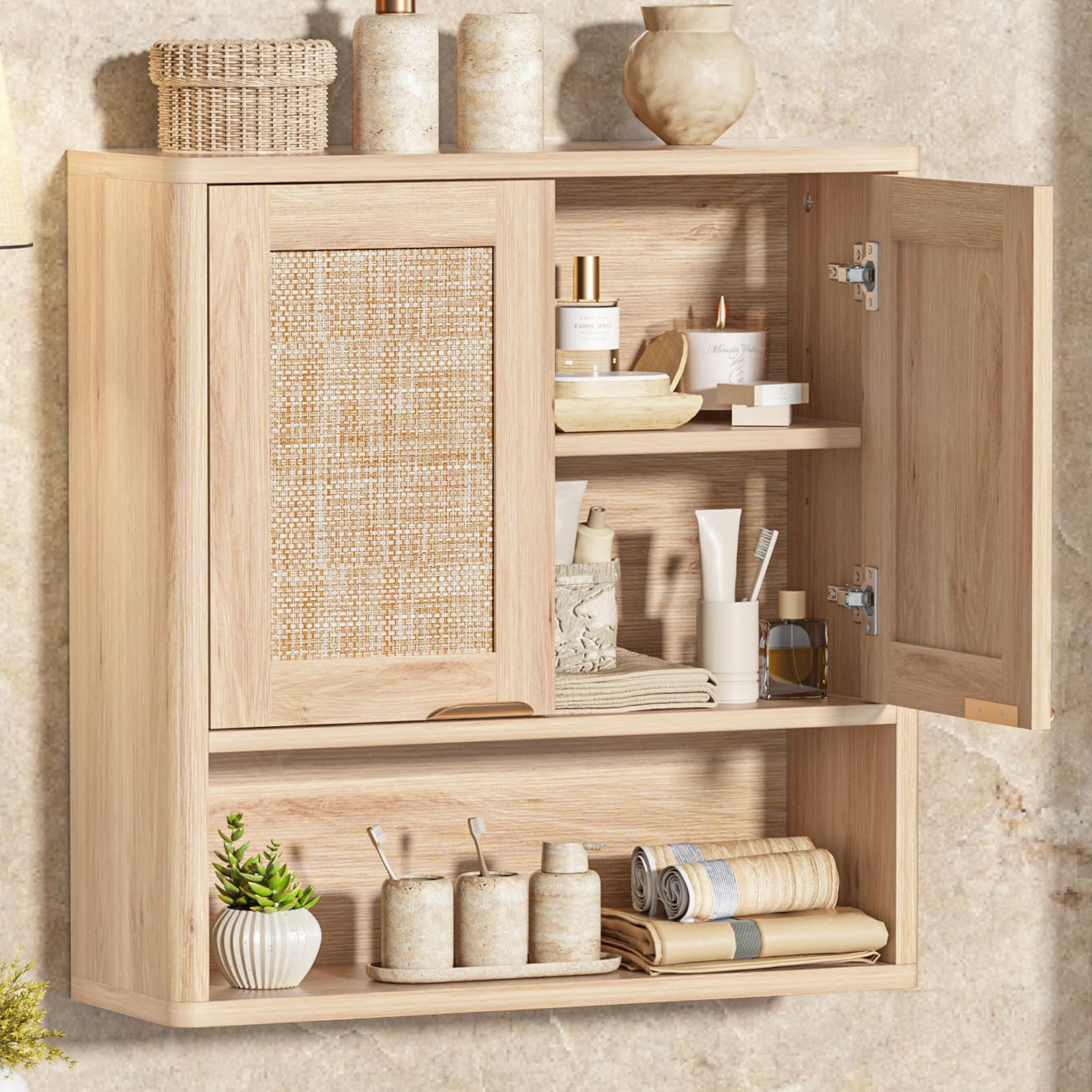 LEYAOYAO 68" Boho Over the Toilet Storage Cabinet with Rattan Sliding Door