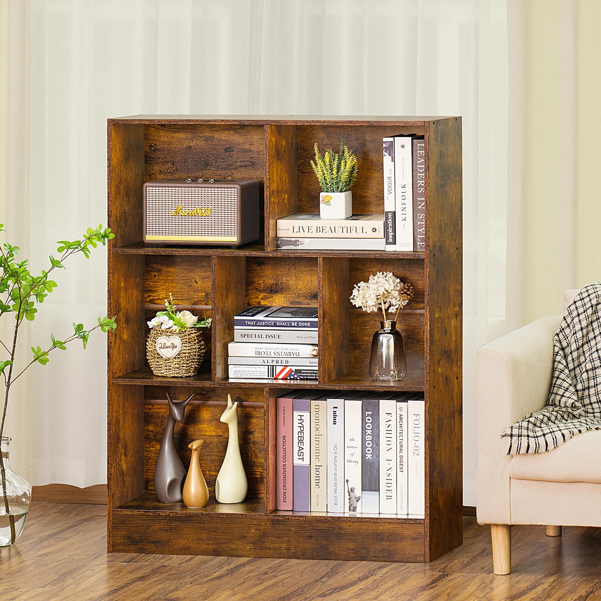LEYAOYAO 7 Cube Bookshelf with Base,3 Tier Mid-Century Modern Blue Bookcase,Standing Wide Bookshelves Storage Organizer Shelf,Rustic Wood Display Cabinet Book Shelves for Bedroom,Living Room,Office
