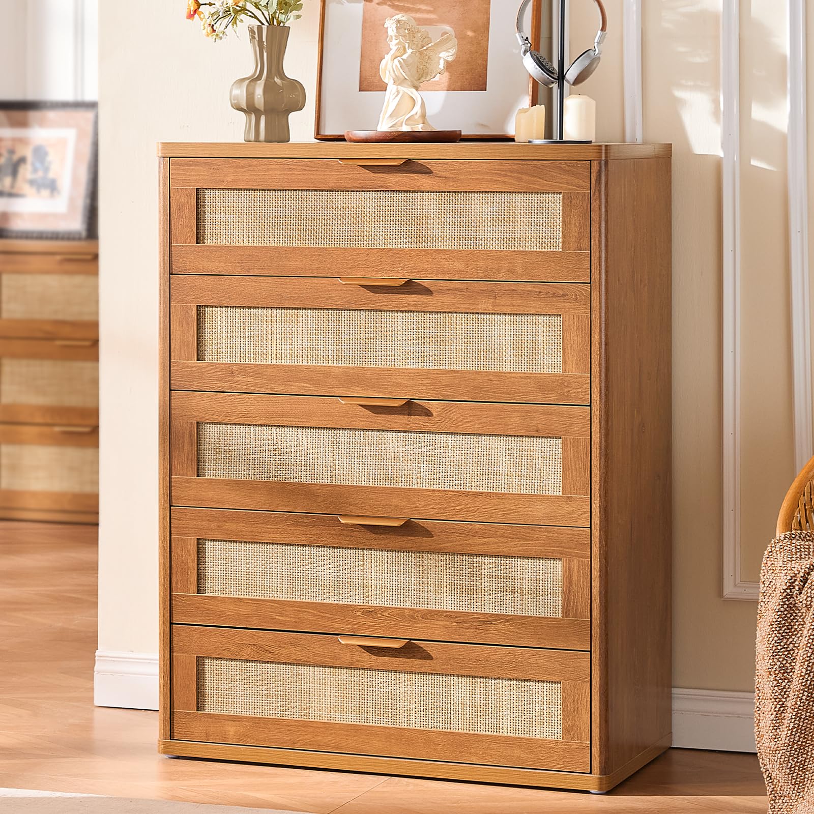 LEYAOYAO Rattan Bedroom Dresser Set of 2, Boho Wood 48" Wide 6 Drawers Dresser for Bedroom and 31.5" Tall 5 Drawers Dressers, Bedrooms Furniture, Dressers & Chests of Drawers, Living Room, Hallway