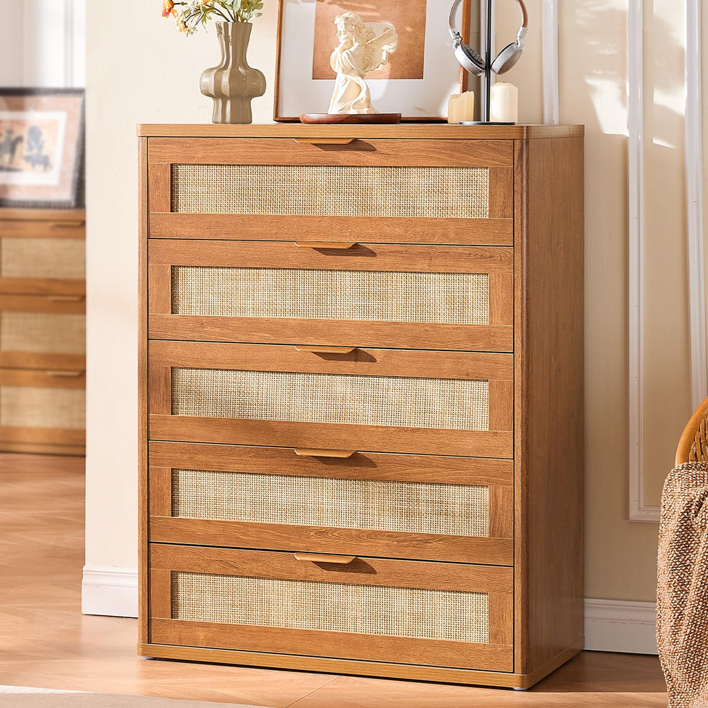 LEYAOYAO Rattan Dresser and Nightstand Sets 4 Piece, Grey White