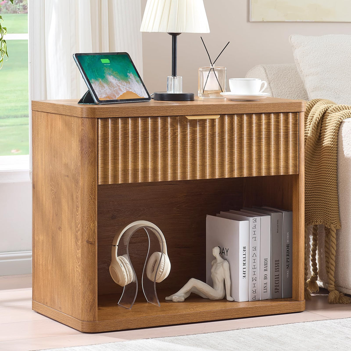 LEYAOYAO 31" Wide Fluted Nightstand with Charging Station, Oversized Extra Large 1 Drawer Night Stand with Golden Handle, Antique White Bedside Table Tall End Tables,for Bedroom, Living Room, Hallway