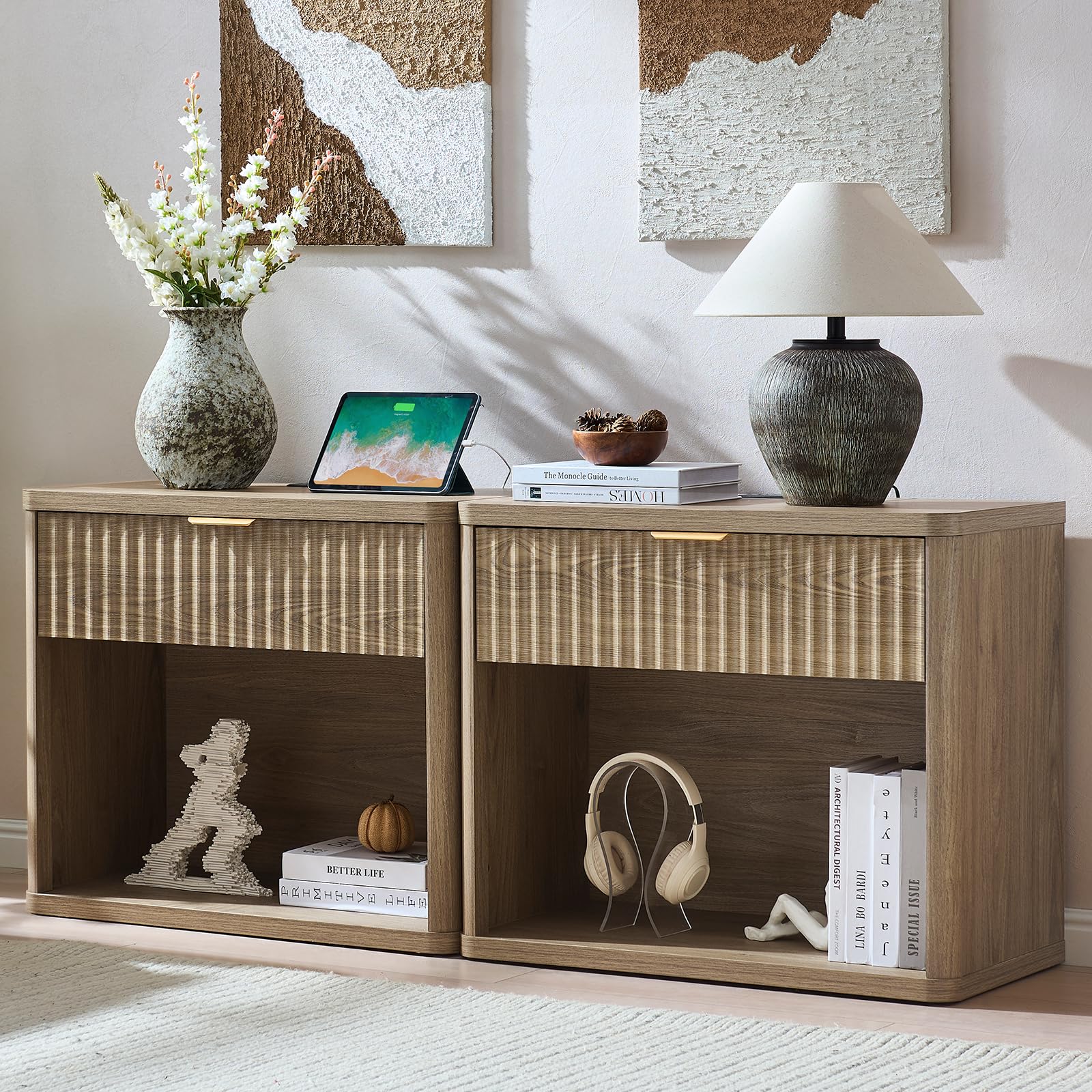 LEYAOYAO 31" Wide Fluted Nightstand with Charging Station, Oversized Extra Large 1 Drawer Night Stand with Golden Handle, Antique White Bedside Table Tall End Tables,for Bedroom, Living Room, Hallway