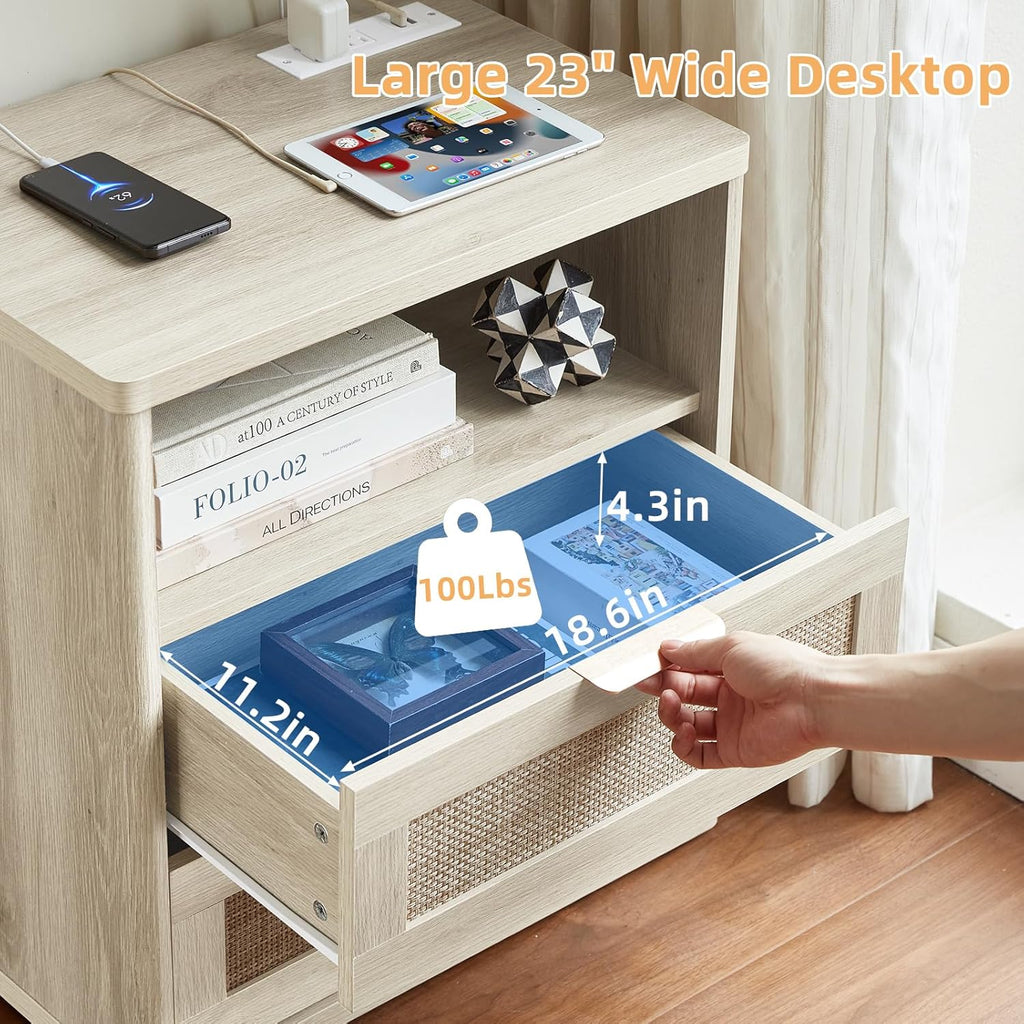 LEYAOYAO Boho Night Stands Set 2 with Charging Station, 23" Rattan Nightstand with 2 Drawers, White Bed Side Table, Bedside End Tables for Bedroom, Living Room Hallway