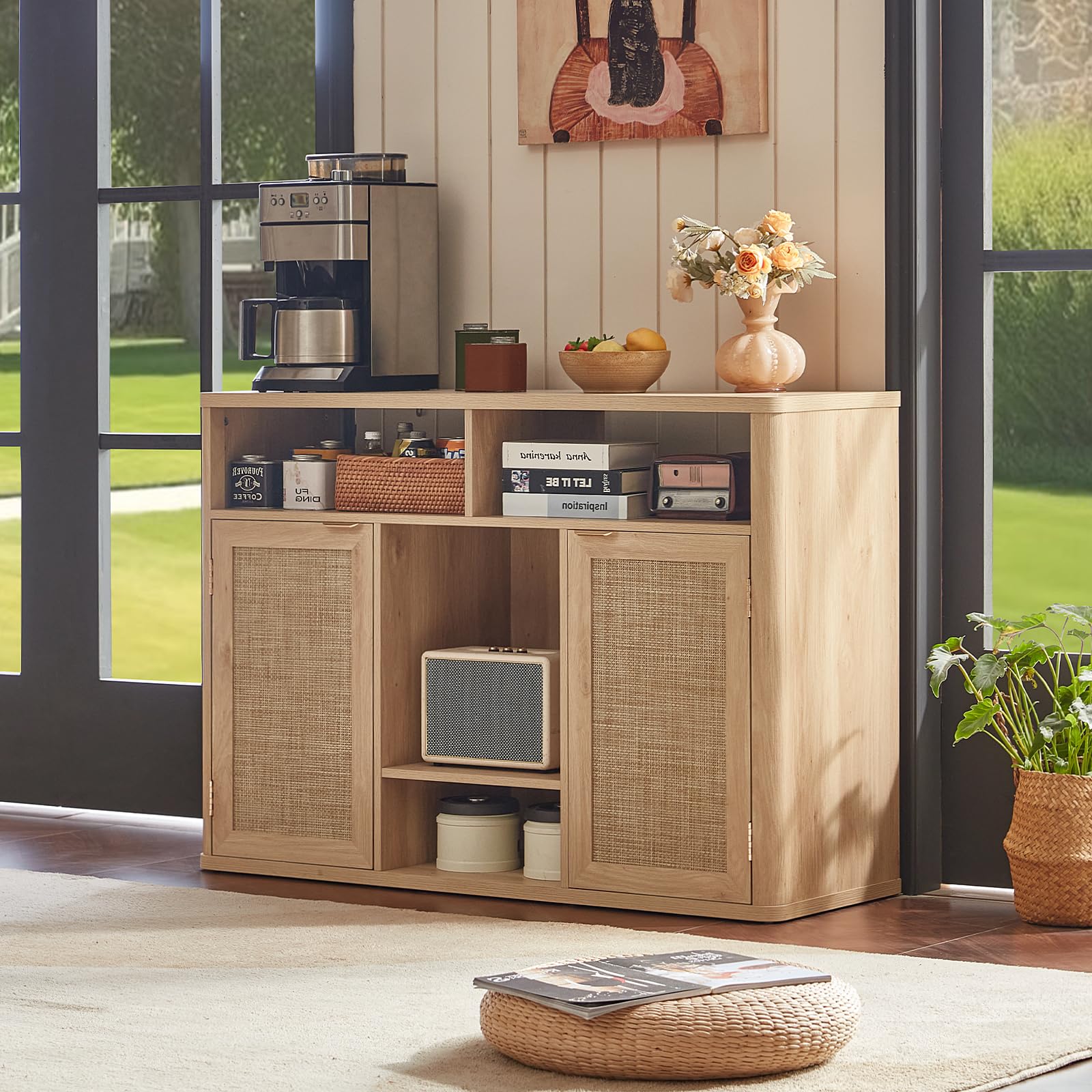 Lerliuo Rattan Wine Bar Cabinet with 2 Doors, Walnut