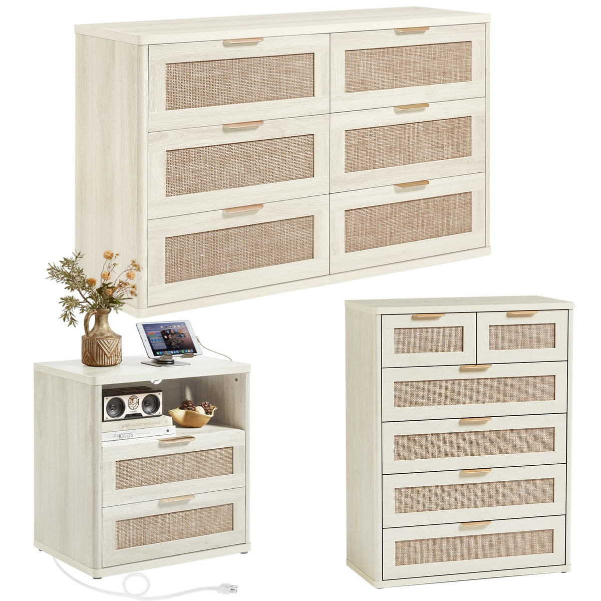 LEYAOYAO Rattan Dressers & Night Stand Set of 3, Boho Wood 48" Wide Dresser & 41"Tall Chest of Drawers, 23" with Charging Station Nightstand, Bedroom Furniture Dresser Set for Home Living Room Hallway