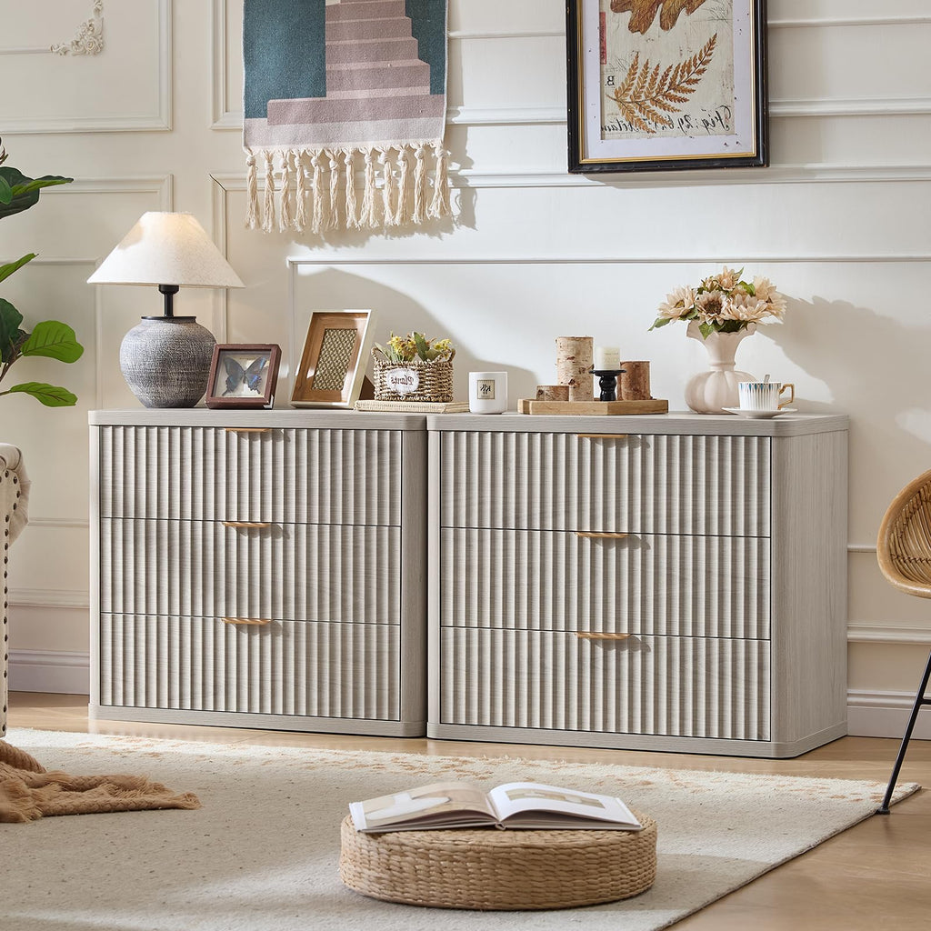 LEYAOYAO 31.5" Wide Fluted Nightstand, Oversized Night Stand, Antique White
