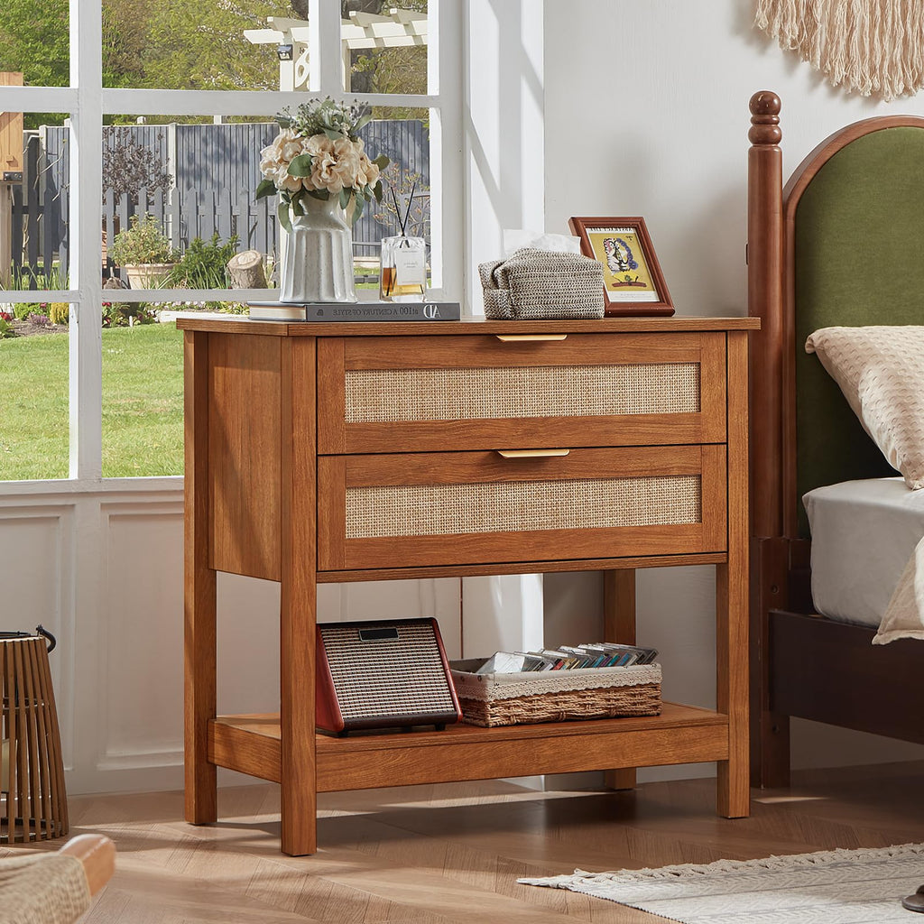 LEYAOYAO 26.8" Wide Rattan Nightstands Set of 2, Large Boho Night Stand