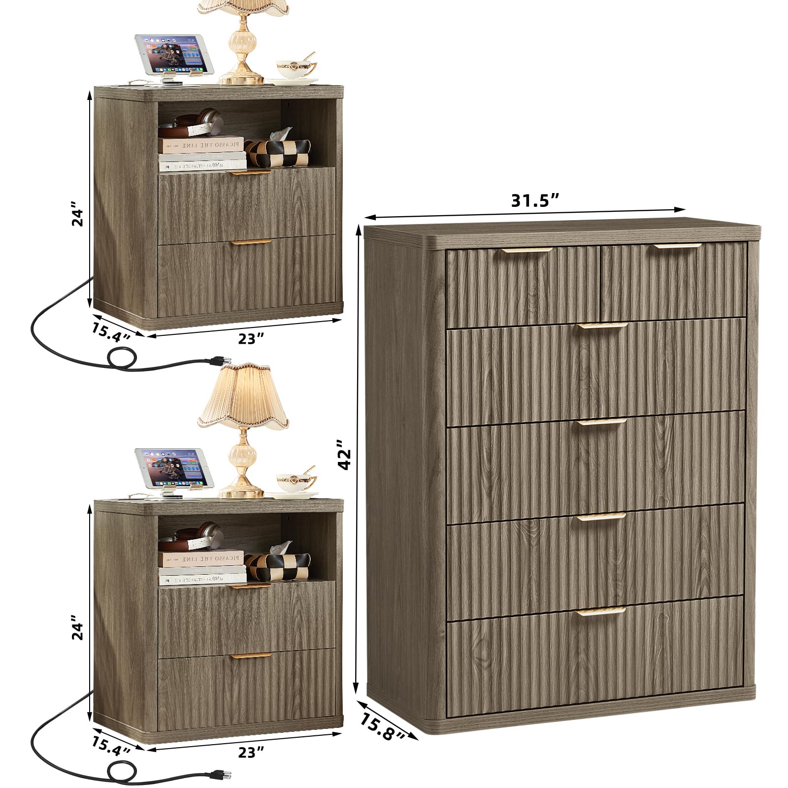 LEYAOYAO Fluted Dressers & Nightstand Set of 4, Wood 48" Wide Dresser & 42" Tall Chest of Drawers,Modern Bedroom Furniture Sets, Black Wooden Nightstand Set of 2 with 2 Drawers & Charging Station