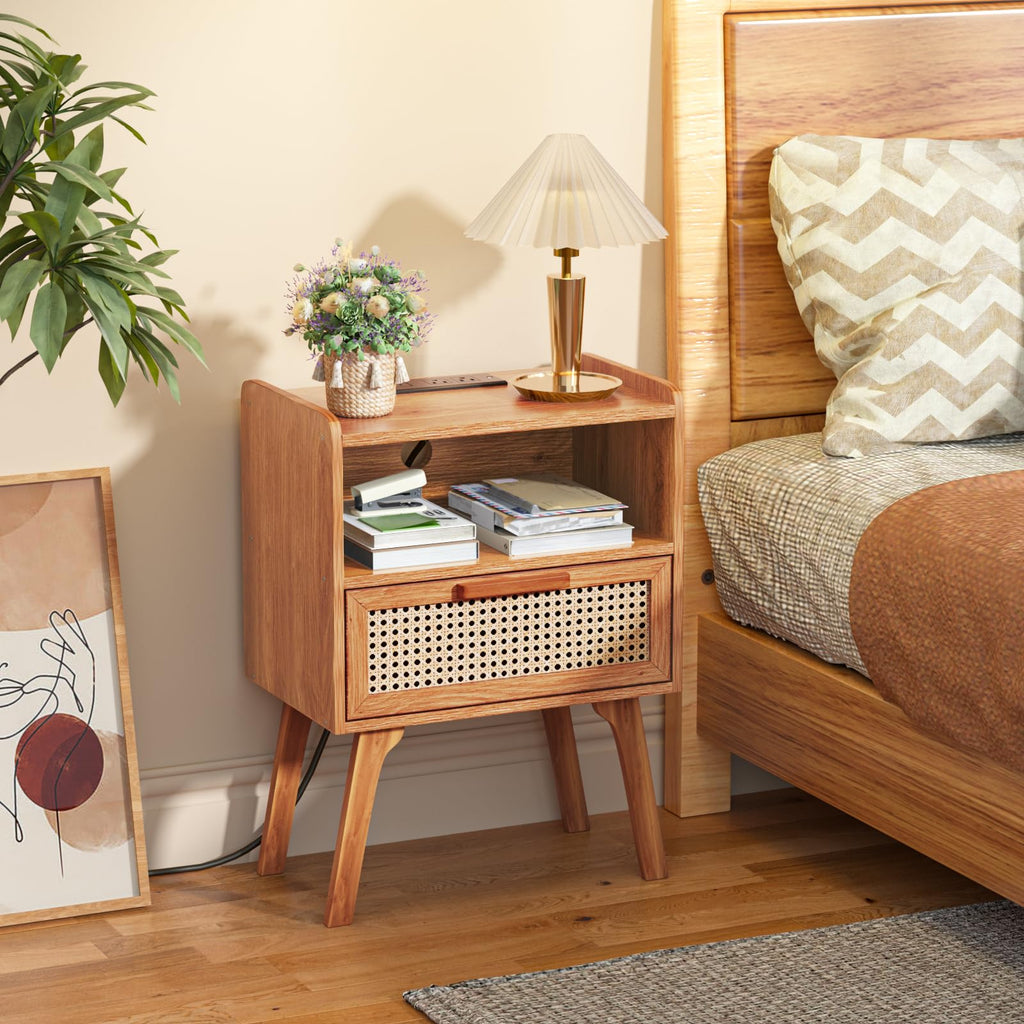 Lerliuo Rattan Nightstand with Charging Station, Boho Night Stand