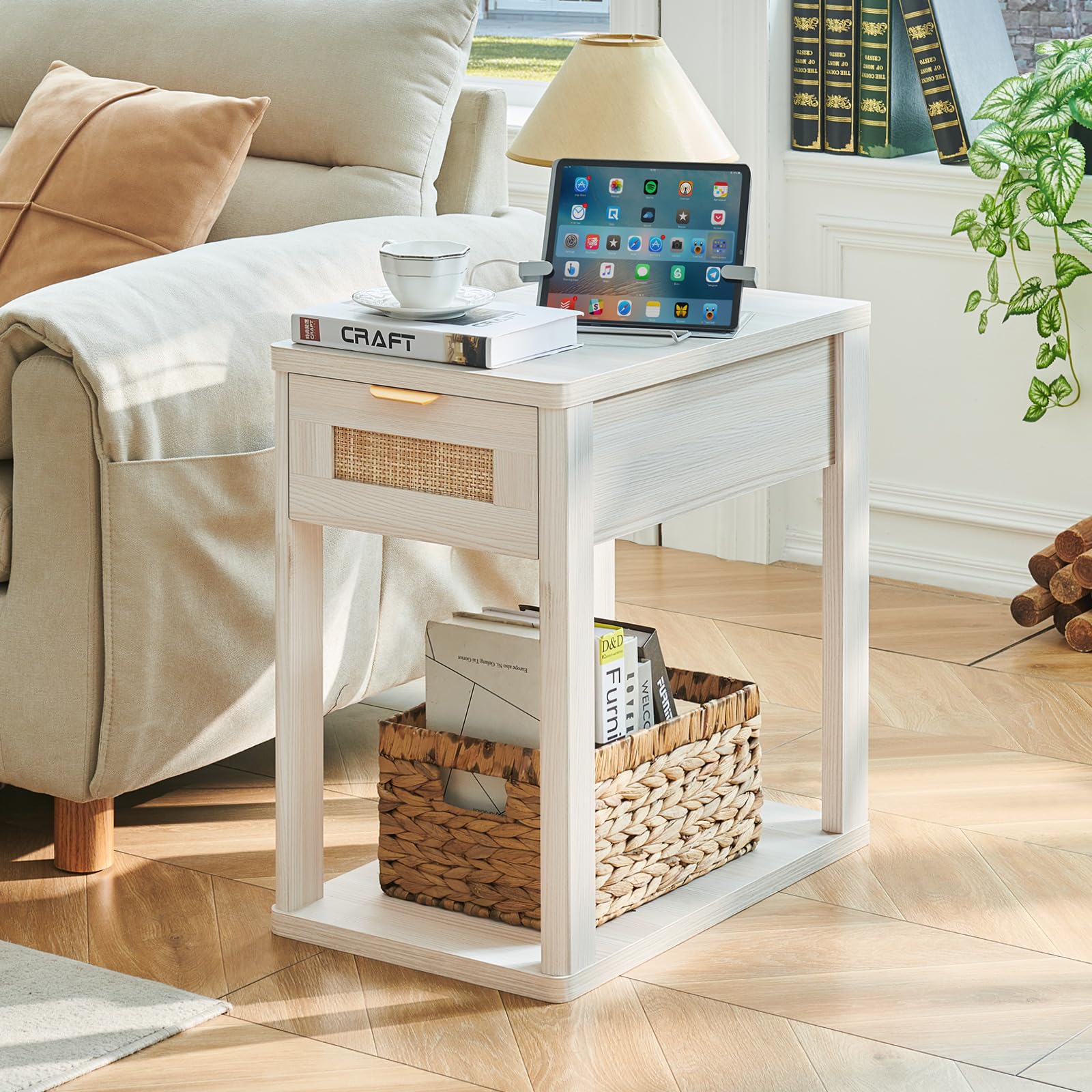 LEYAOYAO Narrow Side Table with Charging Station, Rattan 24 x 14''