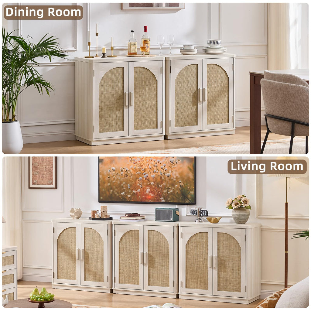 LEYAOYAO Rattan Sideboard Buffet Cabinet with Storage, 31.5" Coffee Bar Cabinet with Arch Doors & Adjustable Shelves, Wood Credenza, Boho Accent Cabinet for Kitchen, Living Room, Natural