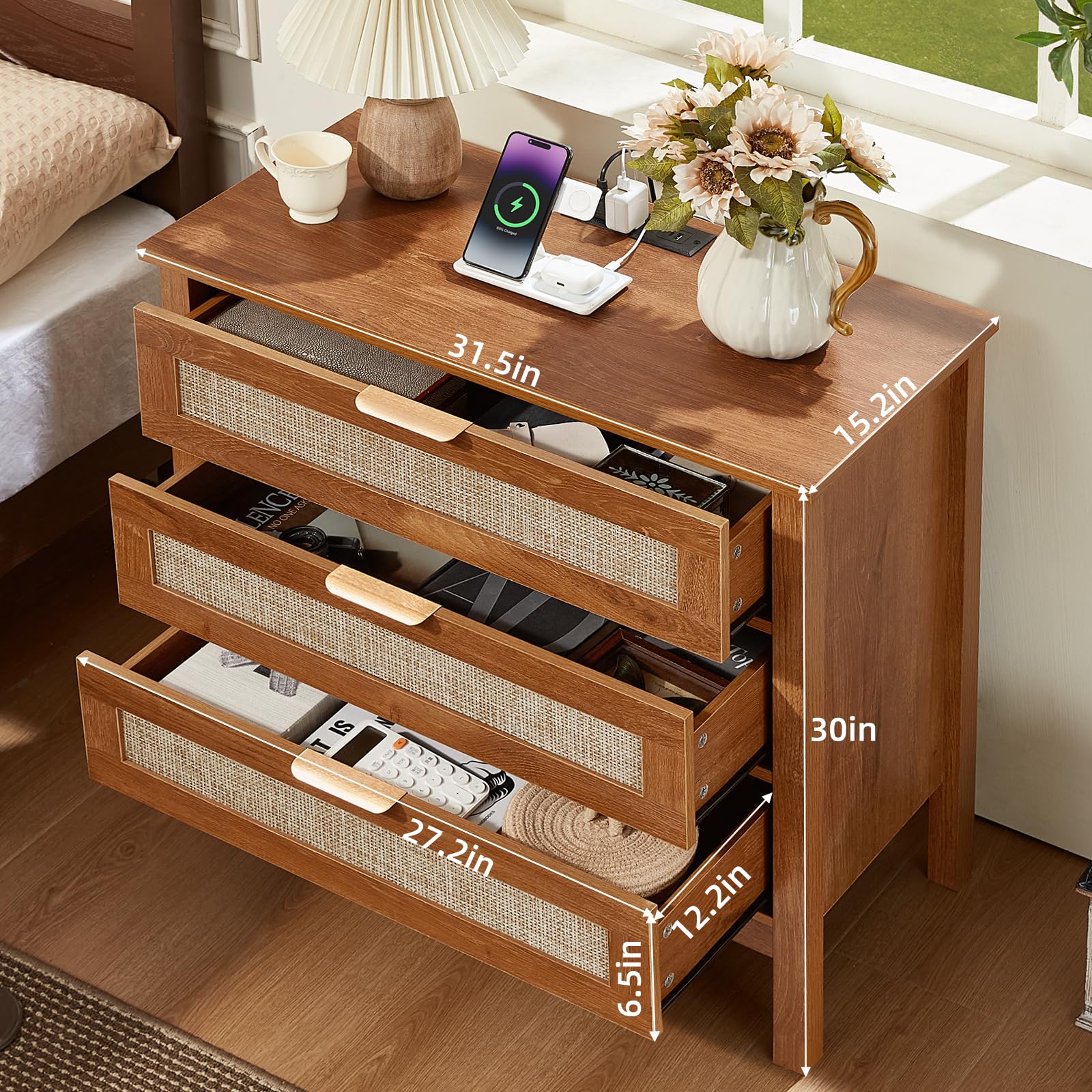 LEYAOYAO 26.8" Wide Rattan Nightstands Set of 2, Large Boho Night Stand