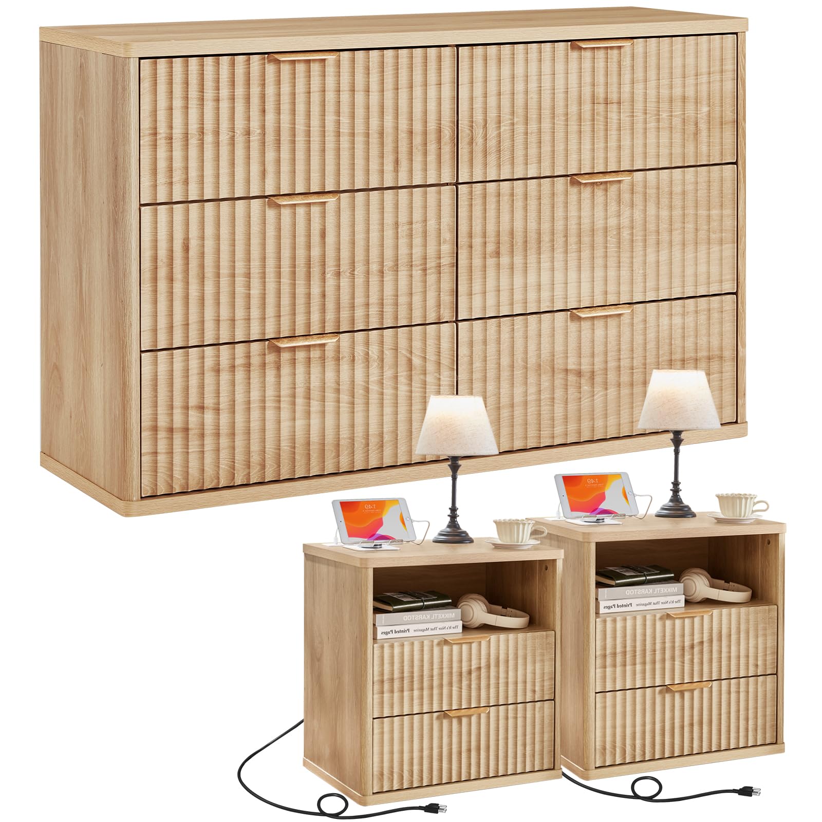 LEYAOYAO Fluted Dressers & Nightstand Set of 4, Wood 48" Wide Dresser & 42" Tall Chest of Drawers,Modern Bedroom Furniture Sets, Black Wooden Nightstand Set of 2 with 2 Drawers & Charging Station