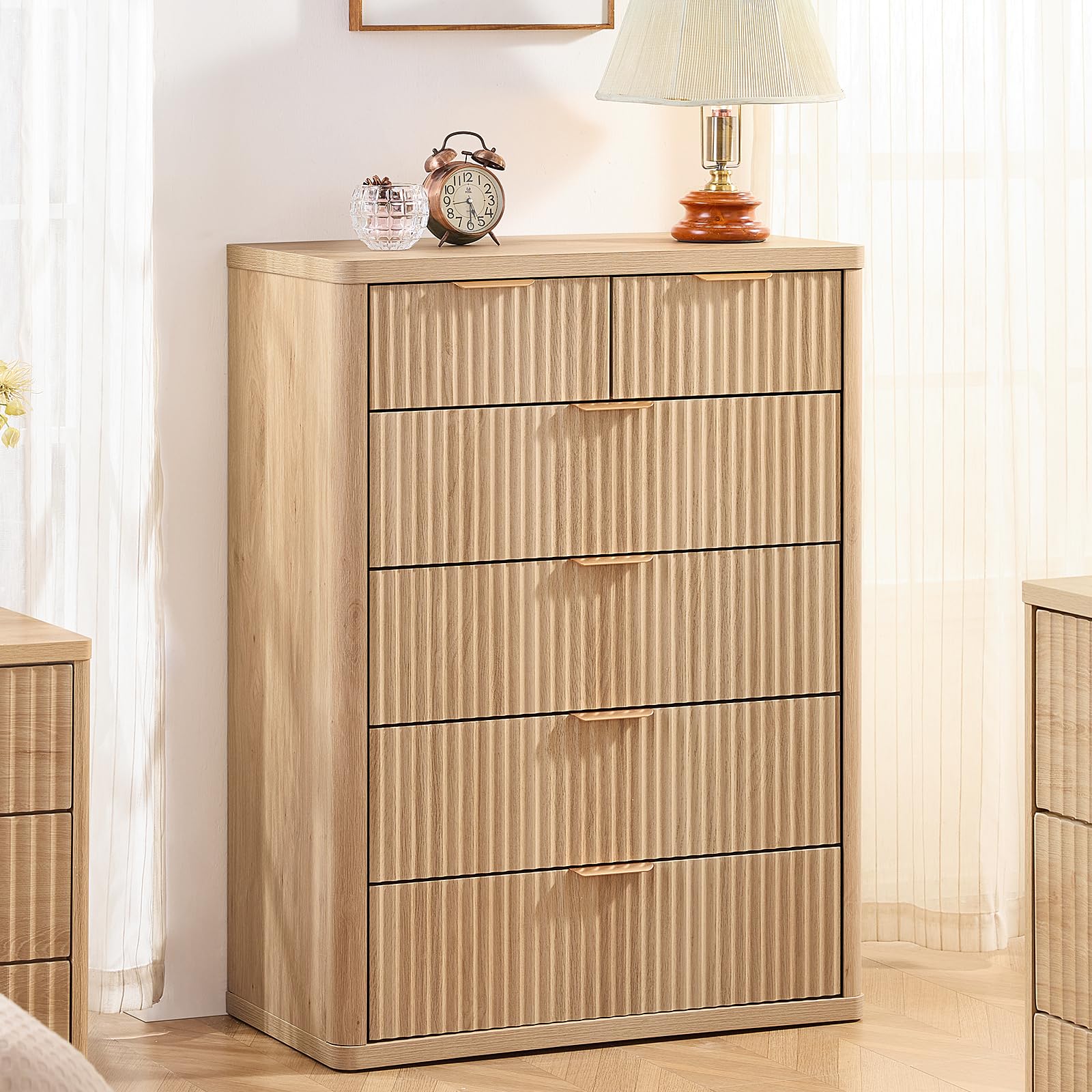 LEYAOYAO Fluted 6 Drawers Dresser for Bedroom Set of 2, 42" Tall Modern Chest of Drawer with Metal Handle, Curved Profile Design,Brown Wood Drawer Organizer for Bedroom, Living Room, Hallway