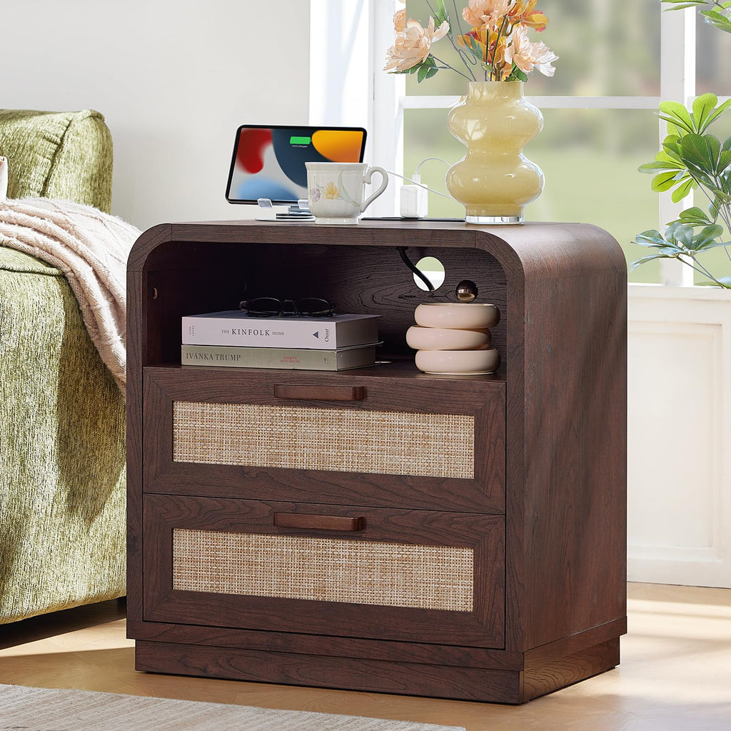 LEYAOYAO Rattan Nightstands Set of 2 with Charging Station, Natural