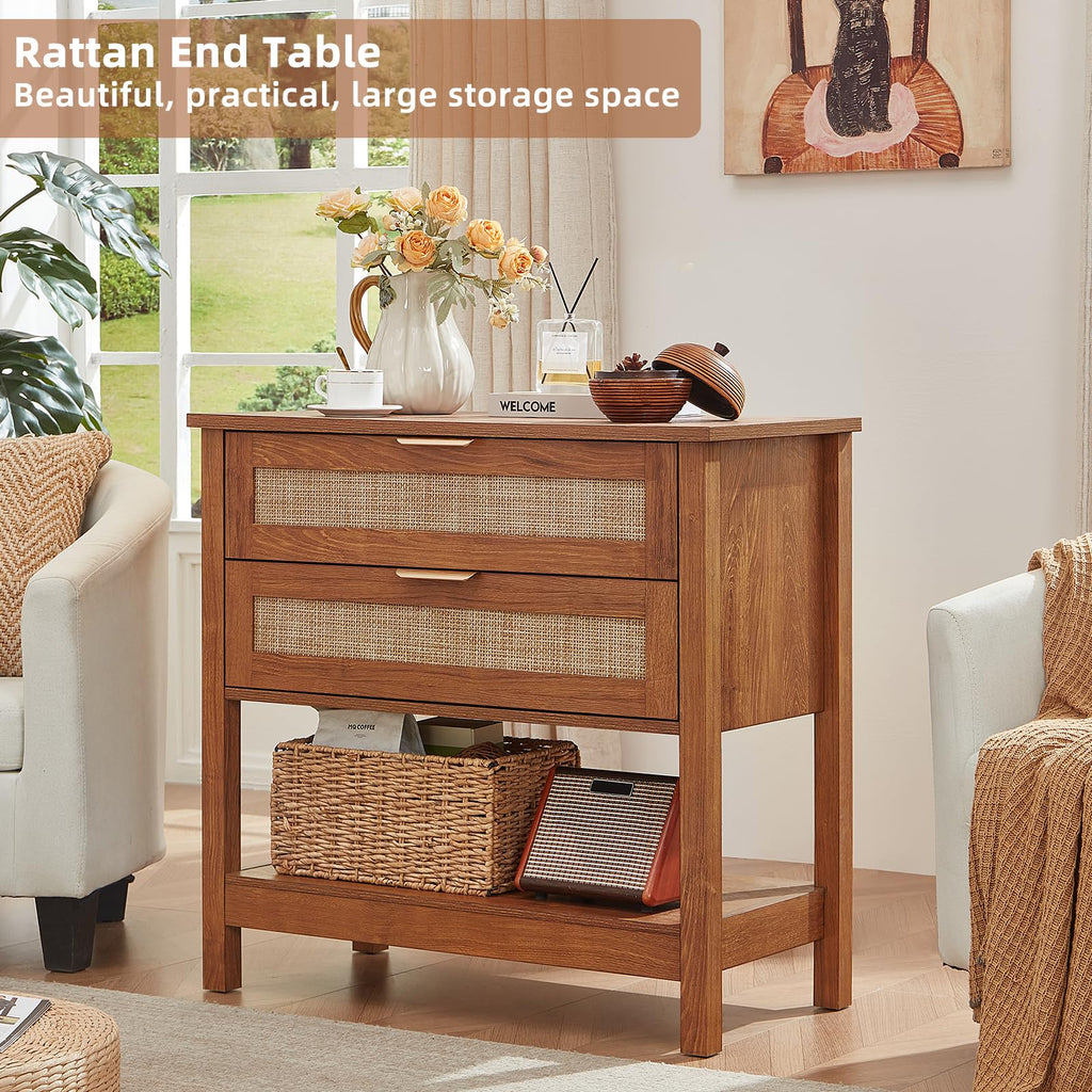 LEYAOYAO 26.8" Wide Rattan Nightstands Set of 2, Large Boho Night Stand