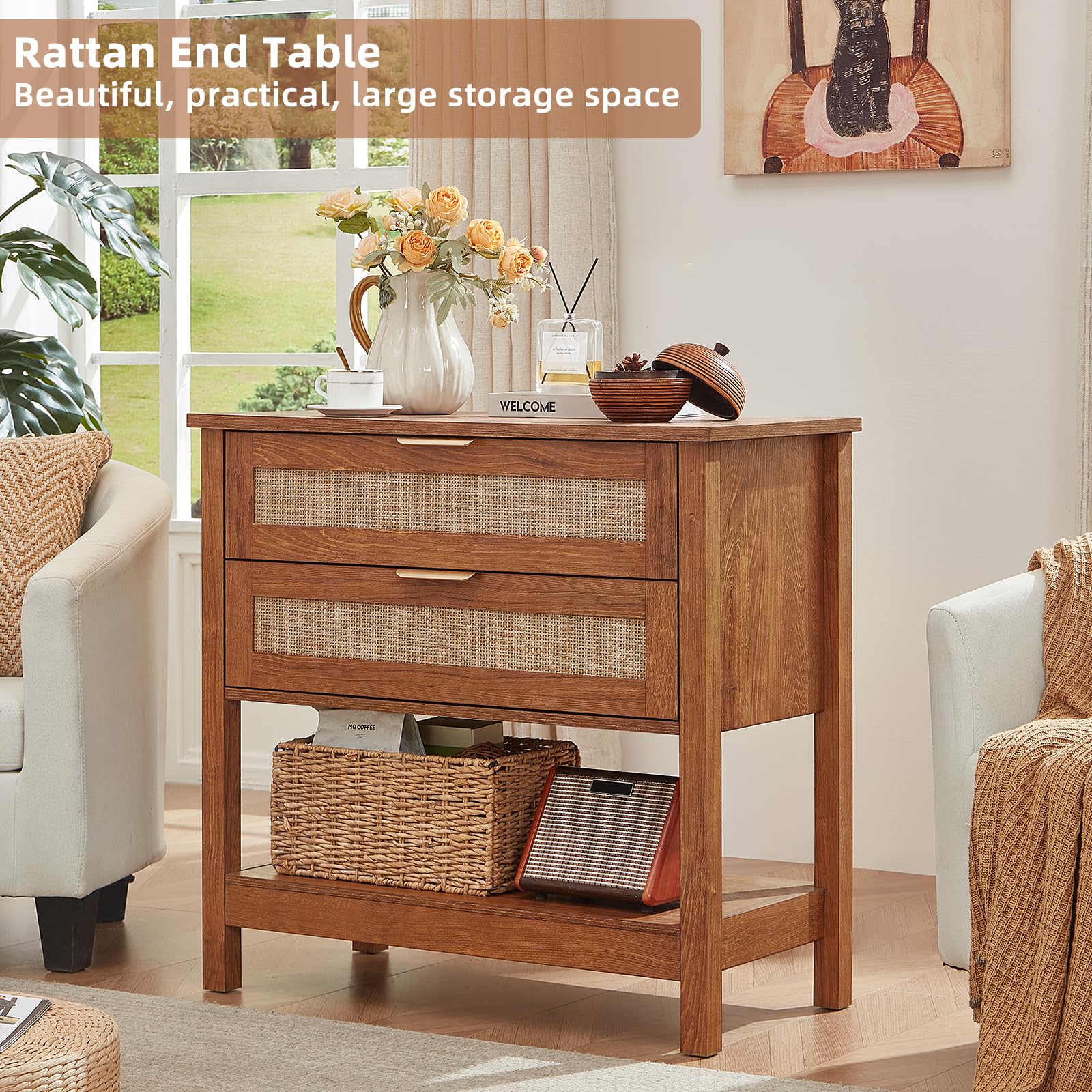 LEYAOYAO 26.8" Wide Rattan Nightstands Set of 2, Large Boho Night Stand