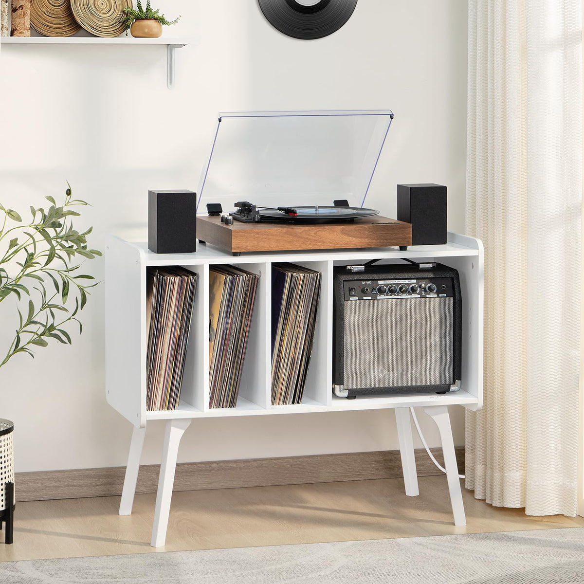 Lerliuo Record Player Stand with Charging Station Up to 220 Albums,Black