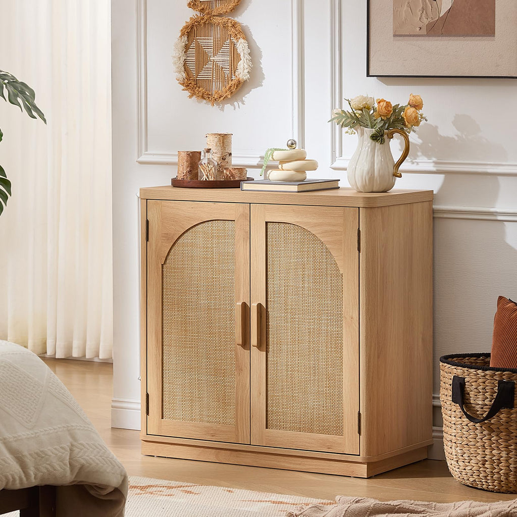 LEYAOYAO Rattan Sideboard Buffet Cabinet with Storage, 31.5" Coffee Bar Cabinet with Arch Doors & Adjustable Shelves, Wood Credenza, Boho Accent Cabinet for Kitchen, Living Room, Natural
