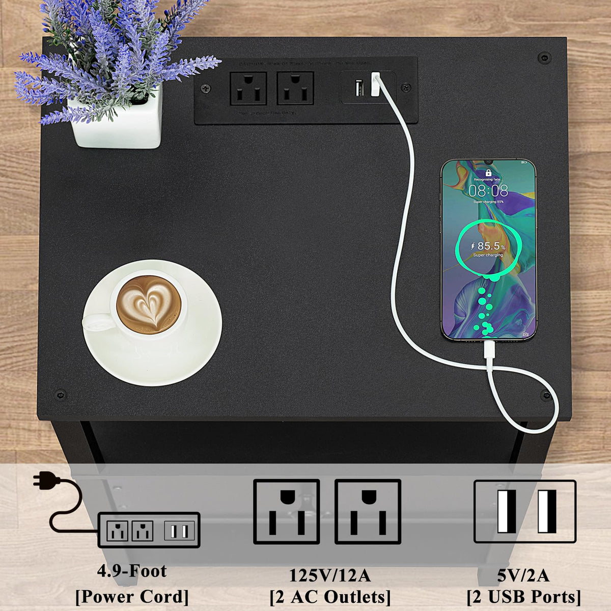 Lerliuo Nightstand with Charging Station and USB Ports, 3-Tier Storage End Table with Drawer Shelf, Night Stand for Small Spaces, Wood Bedside Table for Living Room, Bedroom - Retro Brown…