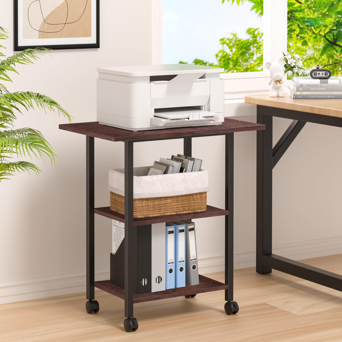 Lerliuo 3-Tier Printer Stand, Industrial Mobile Printer Table with Storage Shelf and Steel Frame, Rolling Printer Cart Holder with Lockable Wheels for Home, Office (White)