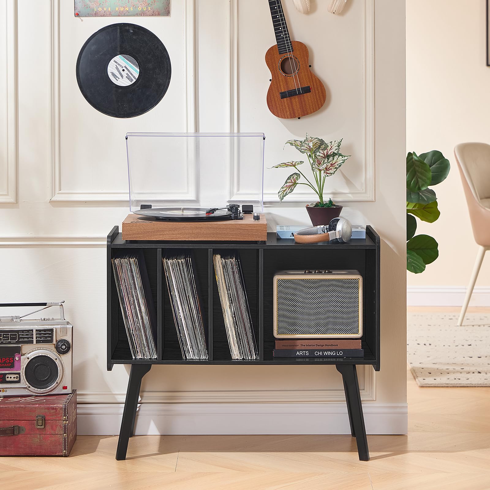 Lerliuo Record Player Stand with 4 Cabinet Holds Up to 220 Albums,Oak