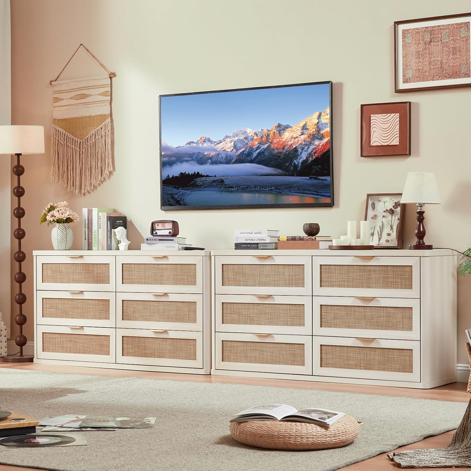 LEYAOYAO Rattan 23" Nightstands with Charger Station 2 Drawers