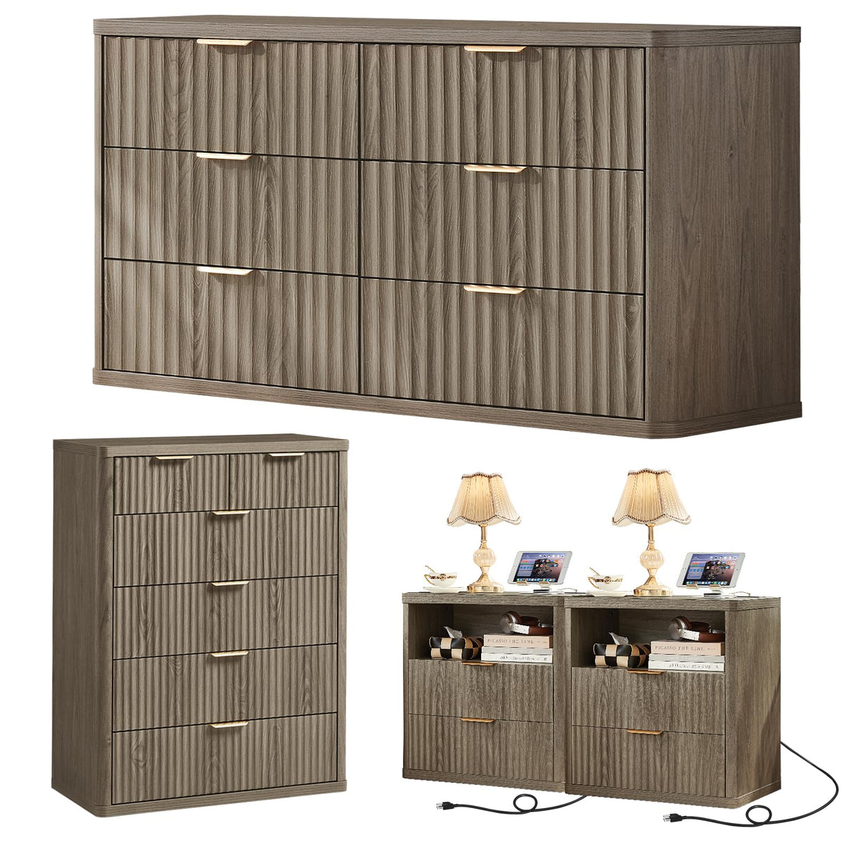 LEYAOYAO Fluted Dressers & Nightstand Set of 4, Wood 48" Wide Dresser & 42" Tall Chest of Drawers,Modern Bedroom Furniture Sets, Black Wooden Nightstand Set of 2 with 2 Drawers & Charging Station