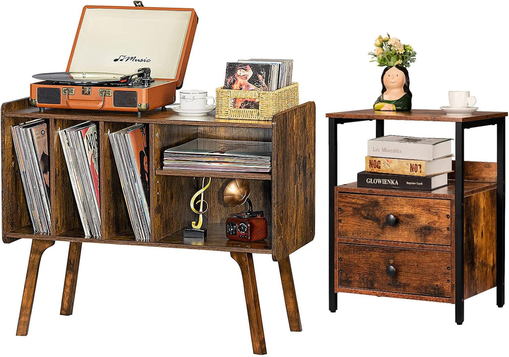 Lerliuo Brown Record Player Stand and Nightstand