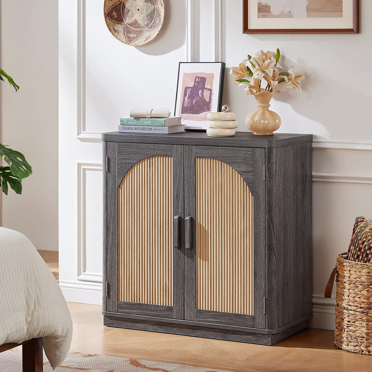 LEYAOYAO Fluted Buffet Cabinet with Storage, 94.5" Coffee Bar Cabinet with 6 Arch Doors & Adjustable Shelves, Mid Century Modern Sideboard, Wood Credenza for Living Room, Kitchen, Darkgrey