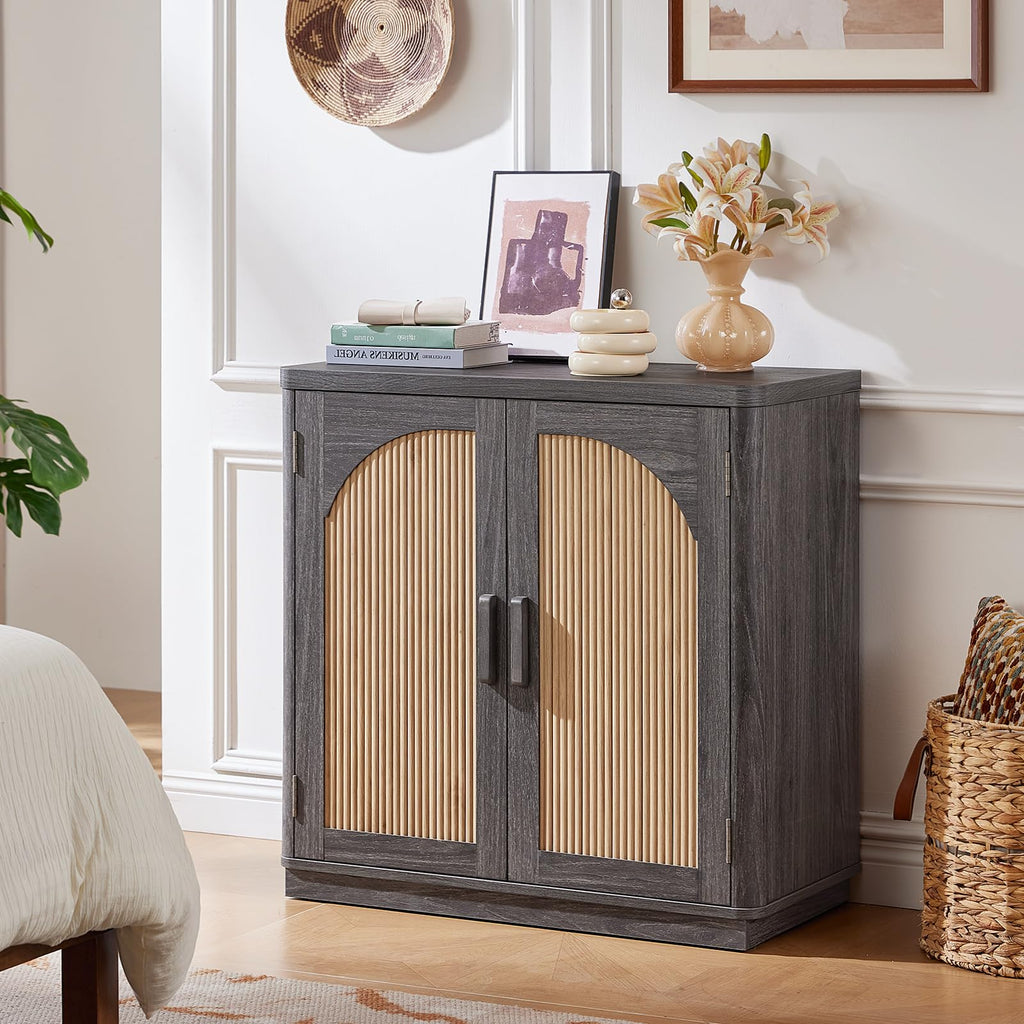LEYAOYAO Fluted Buffet Cabinet with Storage, 31.5" Coffee Bar Cabinet with Arch Doors & Adjustable Shelves, Mid Century Modern Sideboard, Wood Credenza for Kitchen, Living Room, Natural